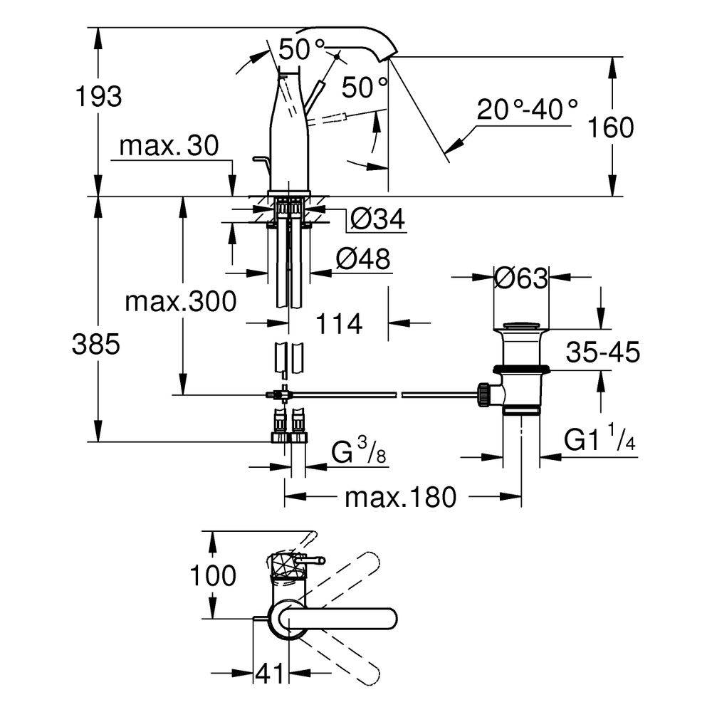 Grohe Essence Einhand-Waschtischbatterie, M-Size, Crafted Bedienungshebel, Zugstangen-Ablaufgarnitur, crafted Cool