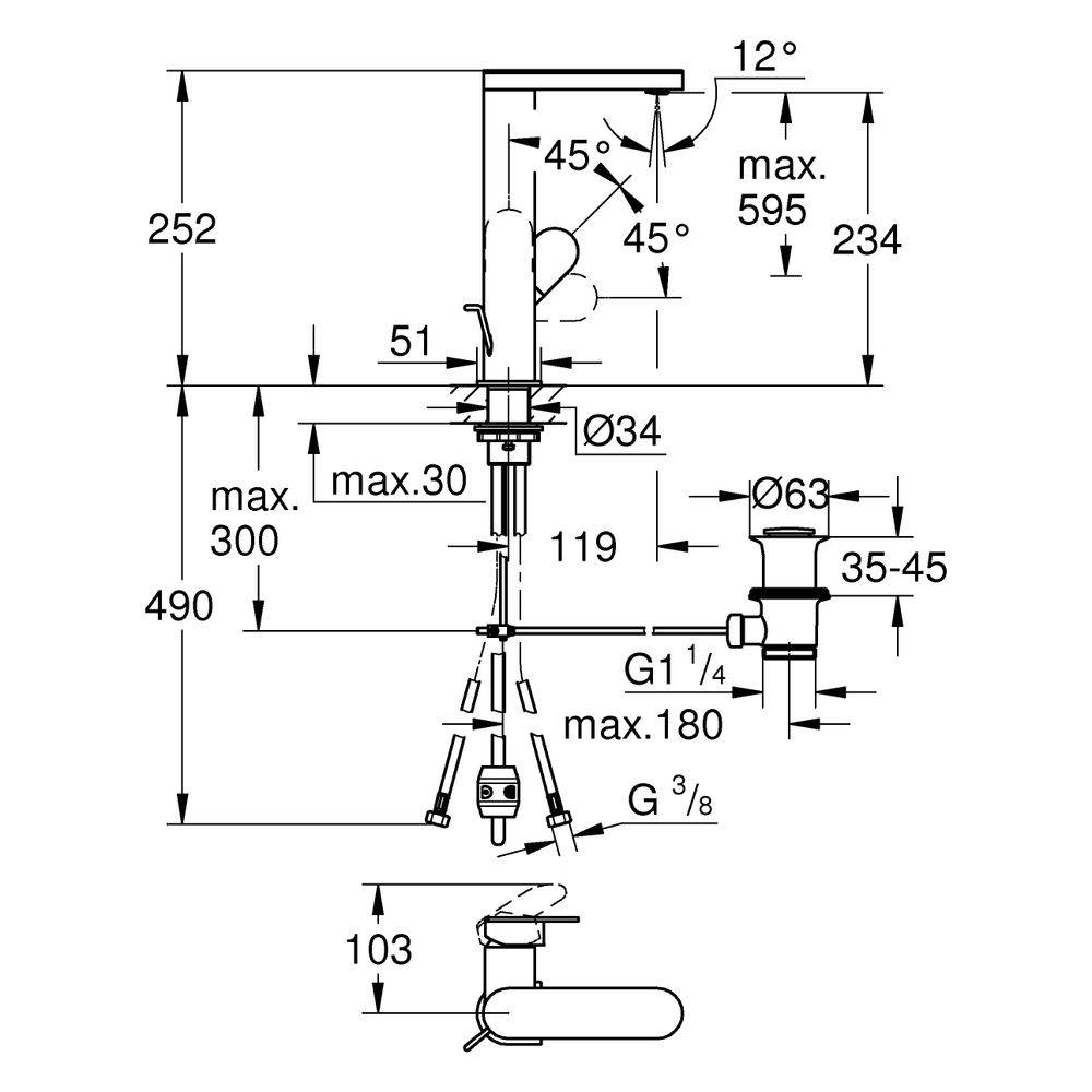Grohe Waschtischarmatur Plus, L-Size, Einhebelmischer, ausziehbarer Auslauf, Zugstangen-Ablaufgarnitur, Warm Sunset