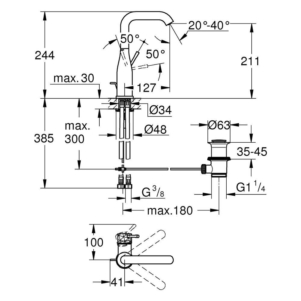 Grohe Waschtischarmatur Essence, L-Size, Einhebelmischer, Ablaufgarnitur 1¼", Crafted Chrom, 1 Stk.