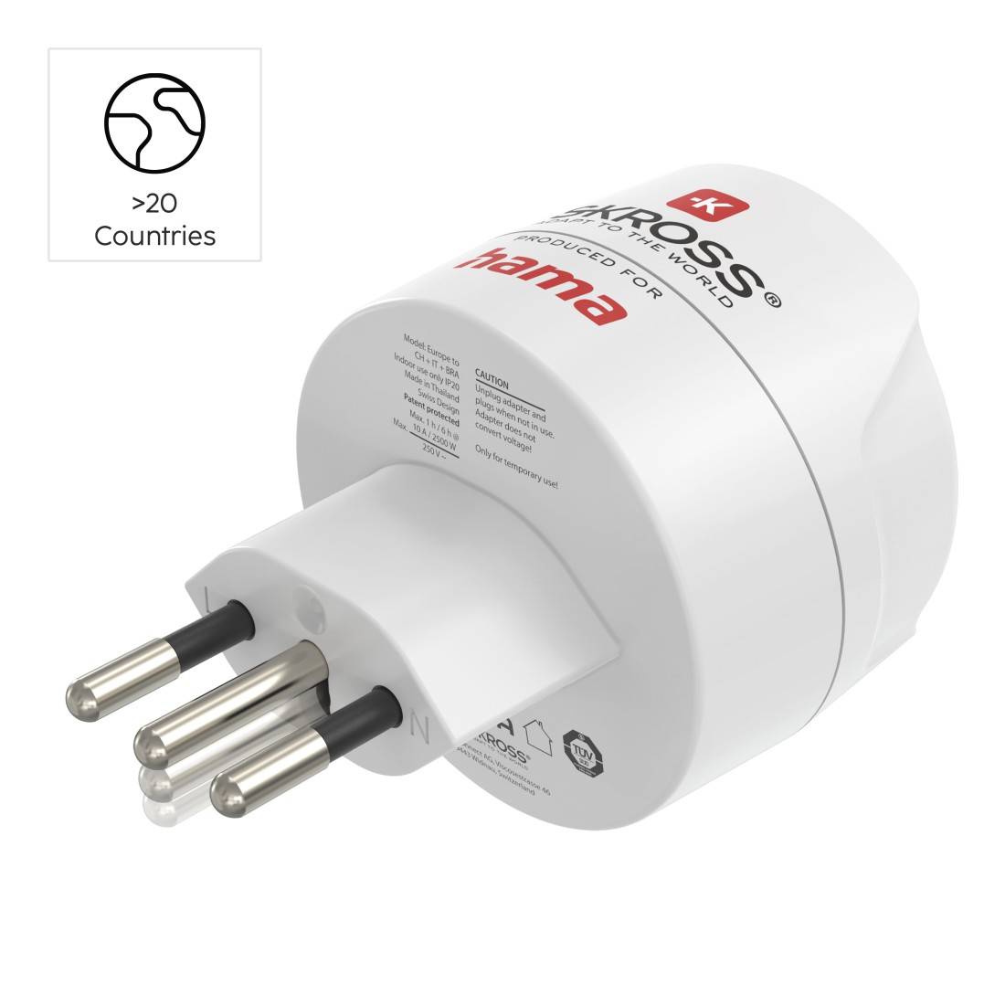 hama 00223487 Reiseadapter Typ J, L, N, 3-polig, für die Schweiz, Italien und Brasilien