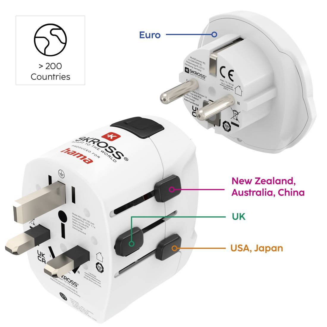 hama 00223464 Weltreiseadapter Set "World Travel Pro Light USB", 3-polig, 2x USB