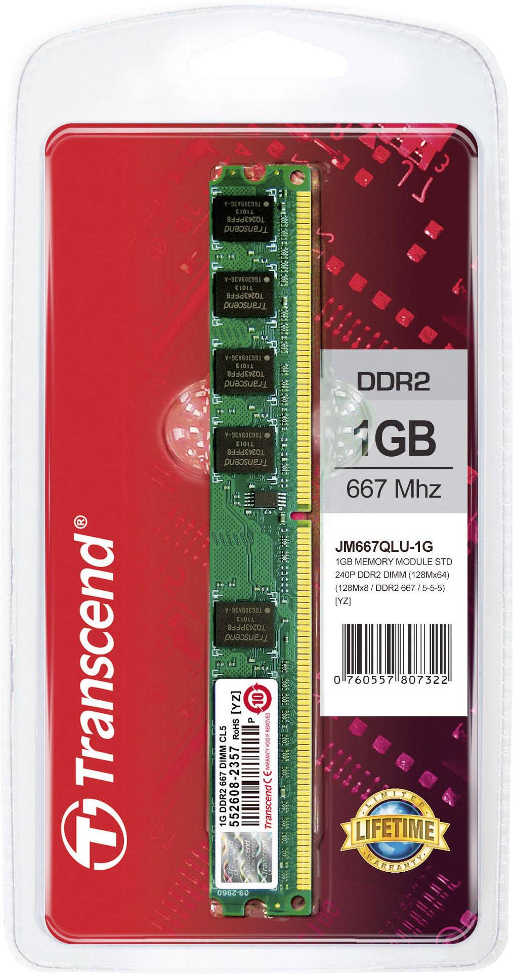 Transcend JM667QLU-1G PC-Arbeitsspeicher Modul 1 GB 1 x 1 GB 667 MHz 240pin DIMM CL5 5-5-15 JM667QLU-1G