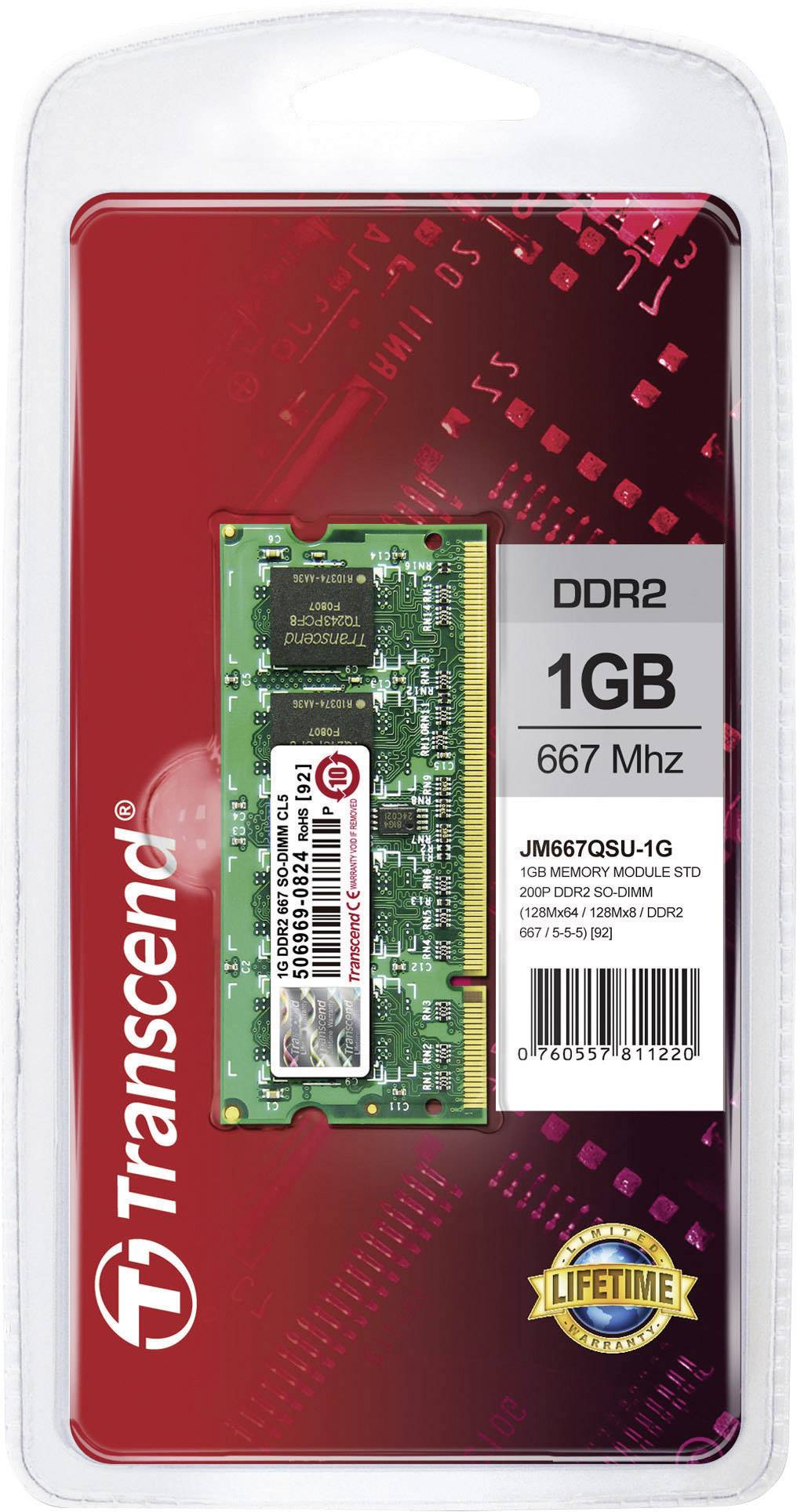 Transcend JetRAM Laptop-Arbeitsspeicher Modul DDR2 1GB 1 x 1GB Non-ECC 667MHz 200pin SO-DIMM CL5 5-5-15 JM667QSU-1G