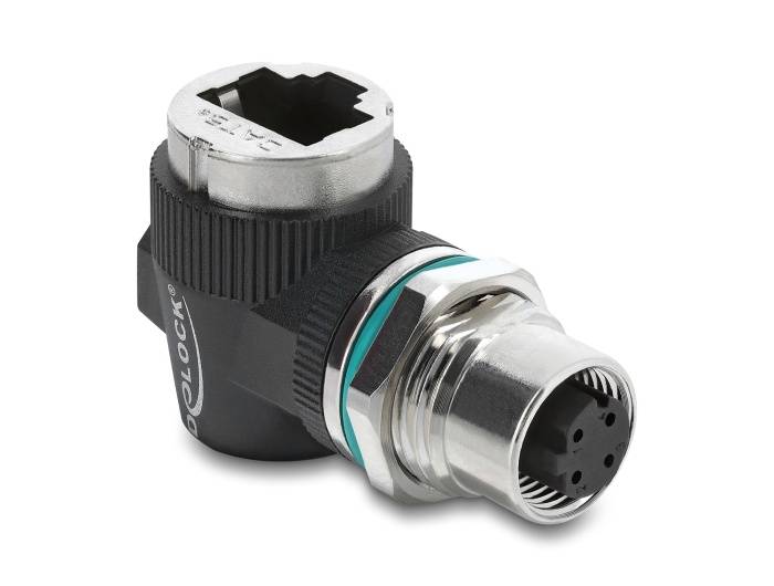 Delock M12 Adapter D-kodiert 4 Pin Buchse zu RJ45 Buchse Einbau rund 90° gewinkelt