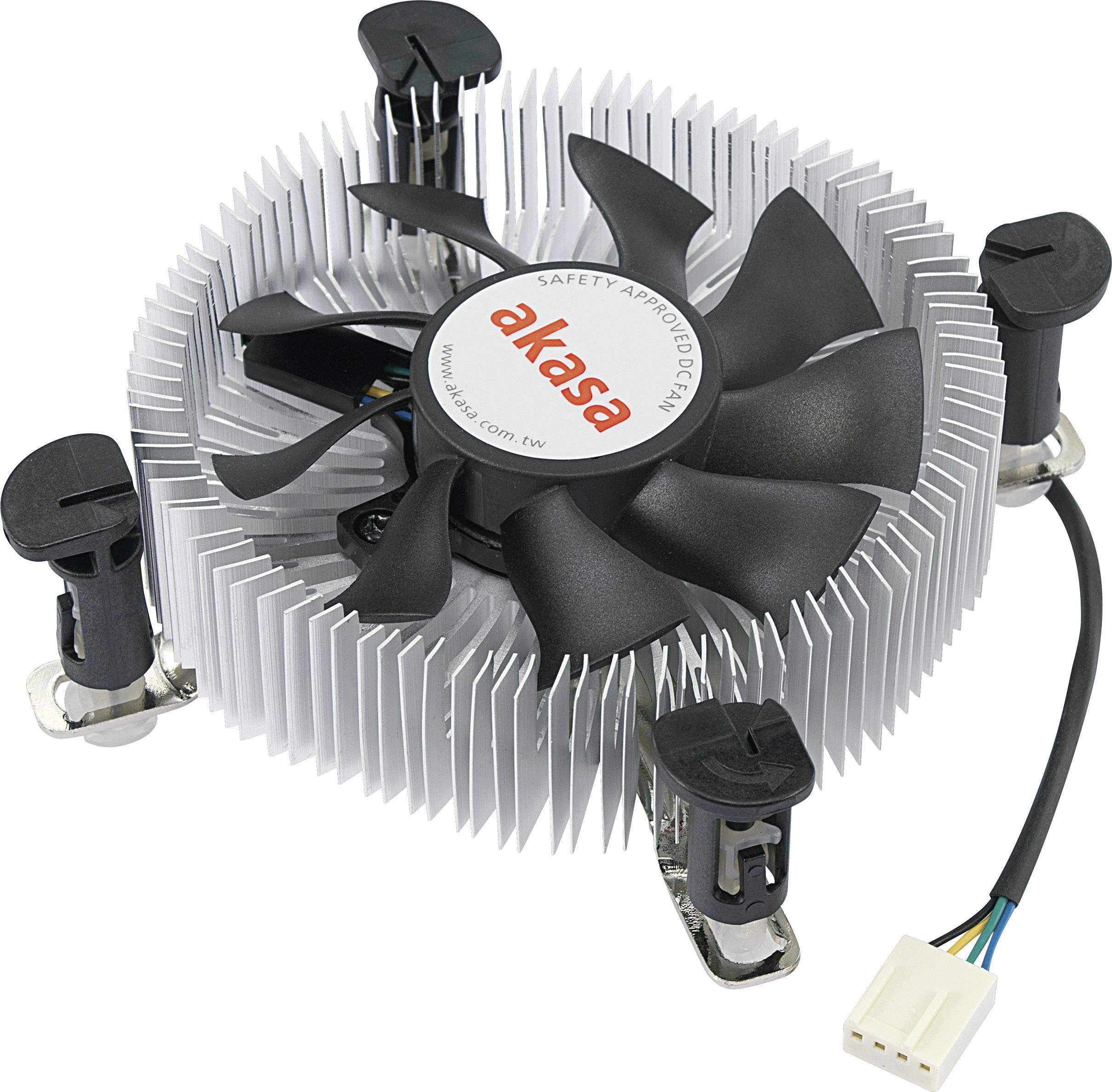 Schwarzer Computerkühler mit radialem Kühlkörper und Lüfter. Vier Befestigungspins an den Ecken, Kabel mit Stecker für Stromanschluss.
