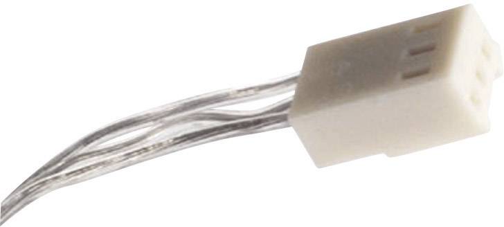 Ein weißer, zweipoliger Stecker mit transparenten Kabeln, typischerweise für elektrische Verbindungen verwendet.