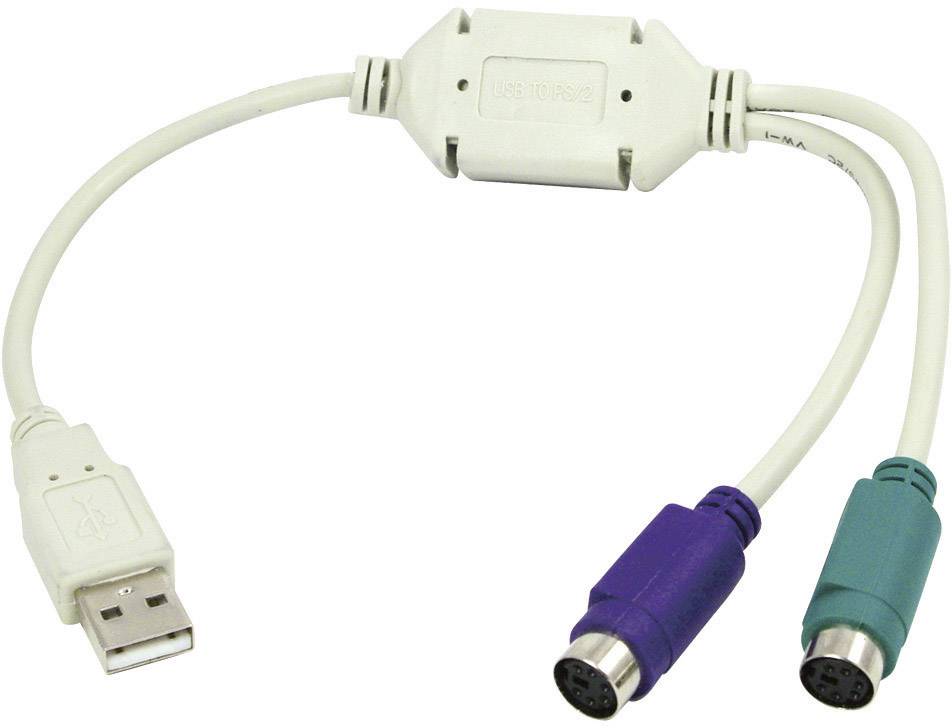 Ein USB-zu-PS/2-Adapterkabel mit zwei PS/2-Anschlüssen (lila und grün) für den Anschluss von Tastatur und Maus an einen USB-Port.