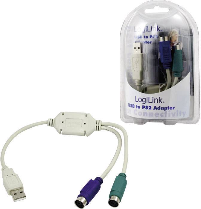 USB-zu-PS2-Adapter von LogiLink, ermöglicht Anschluss von PS2-Tastatur und Maus an USB-Port. Verpackung zeigt Produktabbildung.