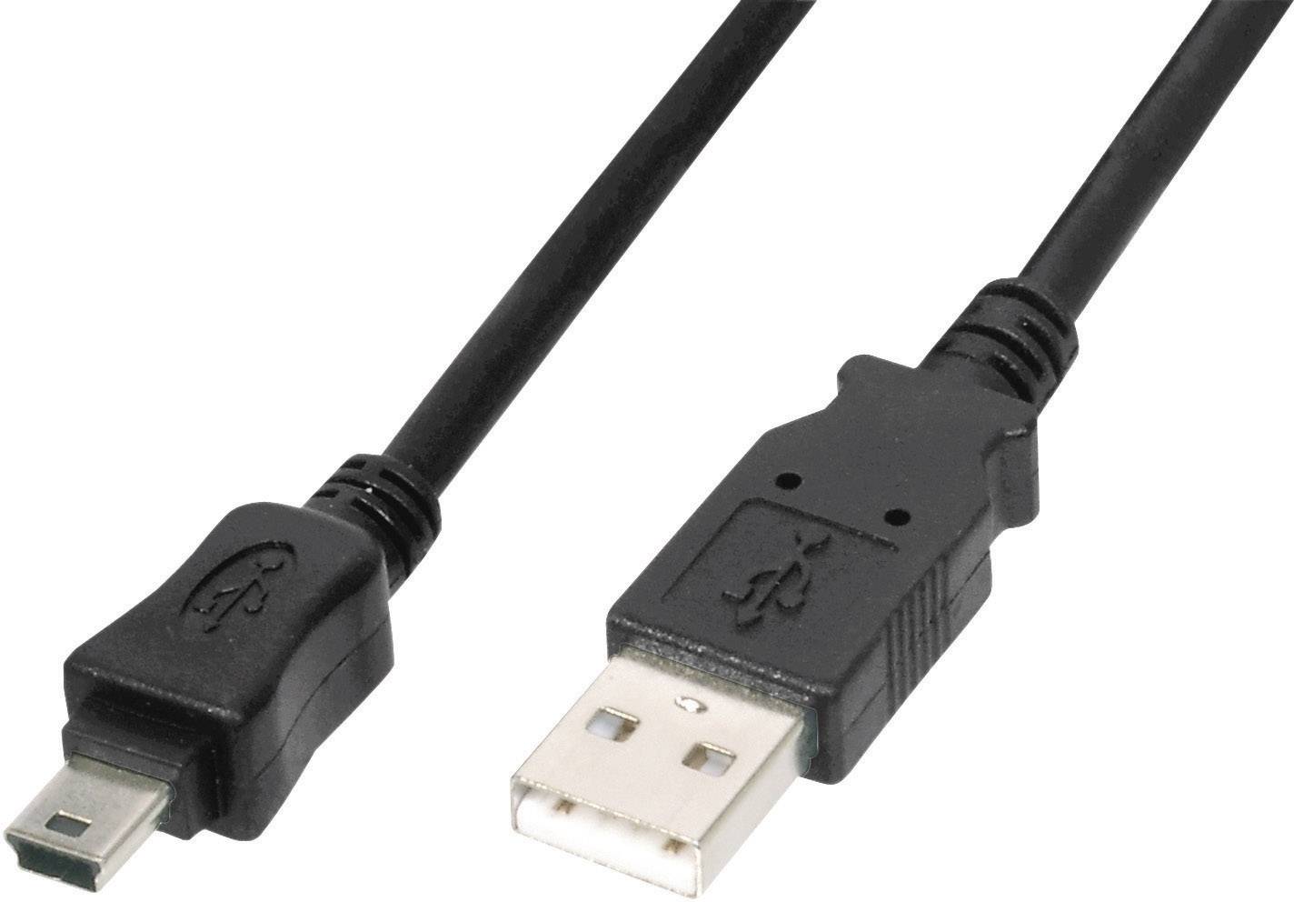 USB-Kabel mit Standard-USB-Stecker auf der einen Seite und Mini-USB-Stecker auf der anderen Seite, zur Verbindung von Geräten.