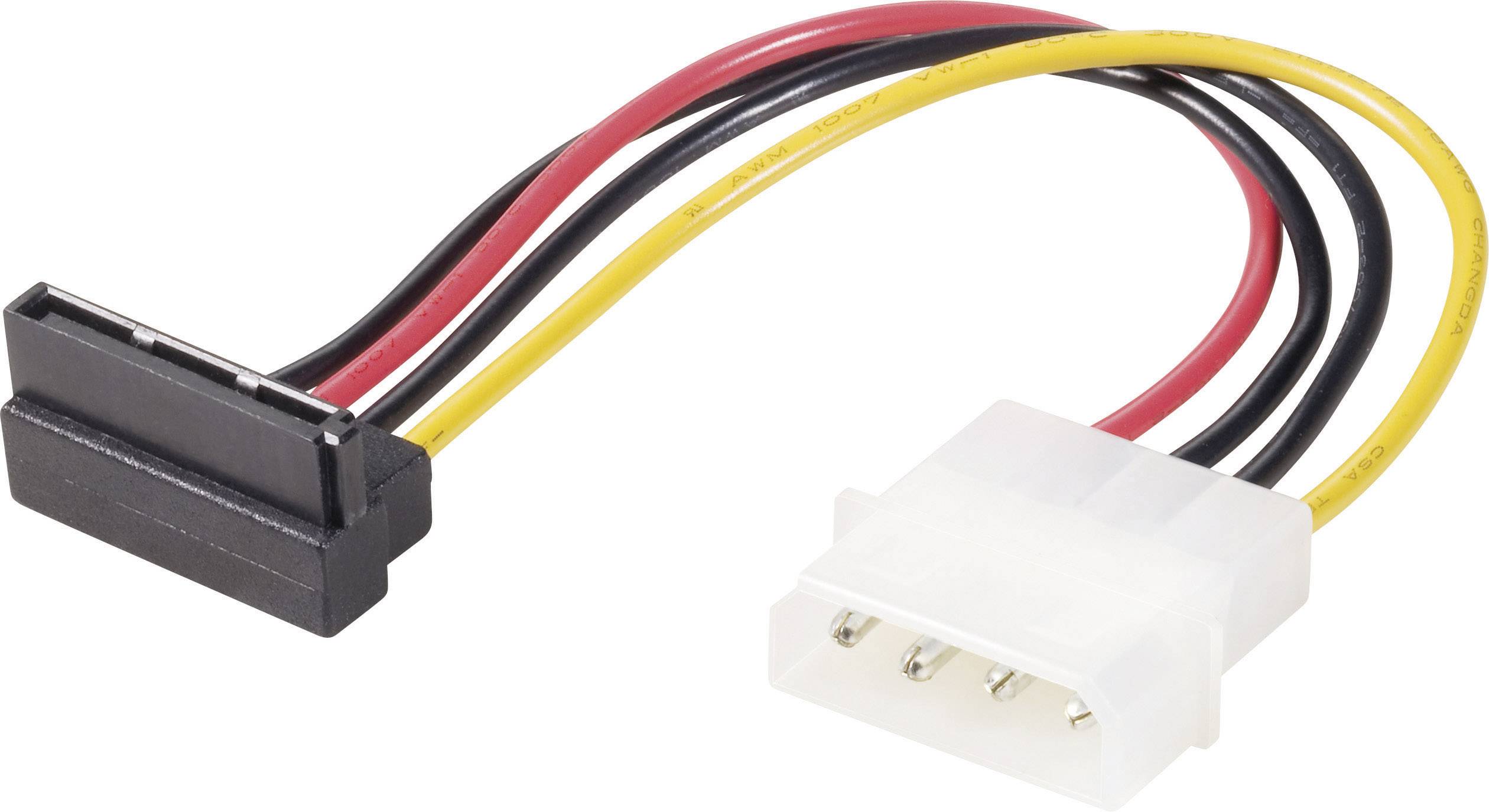 SATA-auf-Molex-Stromadapterkabel mit schwarzem SATA-Stecker und weißem Molex-Stecker, umgeben von roten, gelben und schwarzen Drähten.