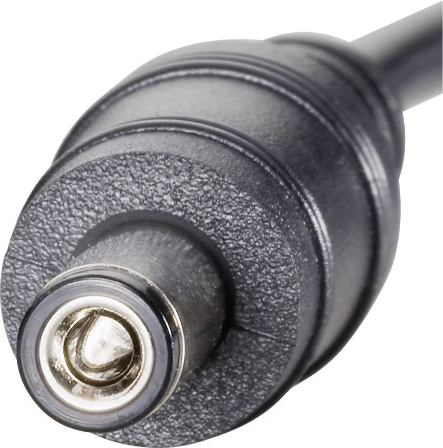 Nahaufnahme eines schwarzen, zylindrischen Steckers mit Metallkontakt, vermutlich ein Gleichstromanschluss, vor neutralem Hintergrund.