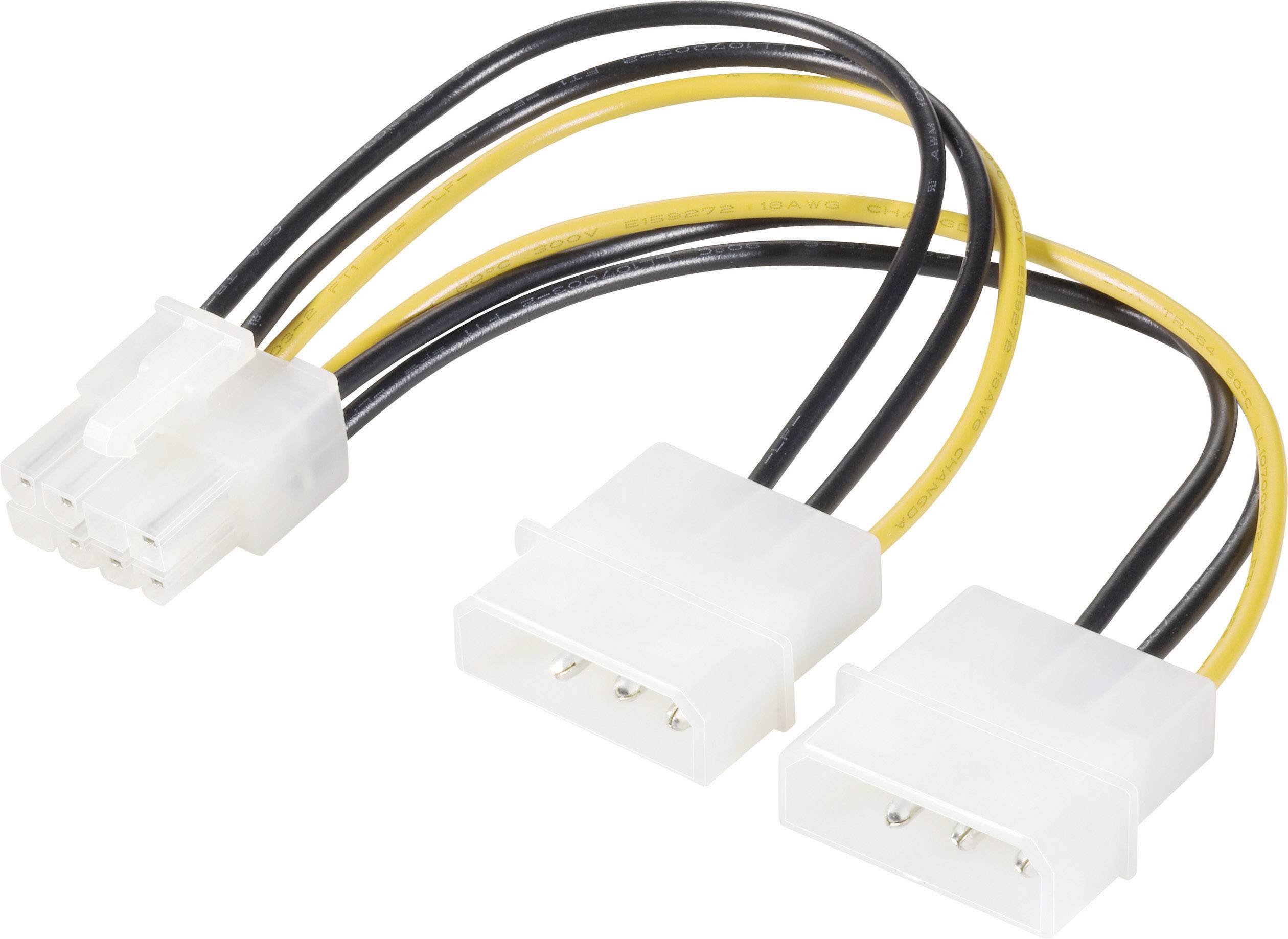 PC-Netzteiladapterkabel mit einem 6-poligen Stecker und zwei 4-poligen Molex-Anschlüssen, hauptsächlich in Schwarz und Gelb.