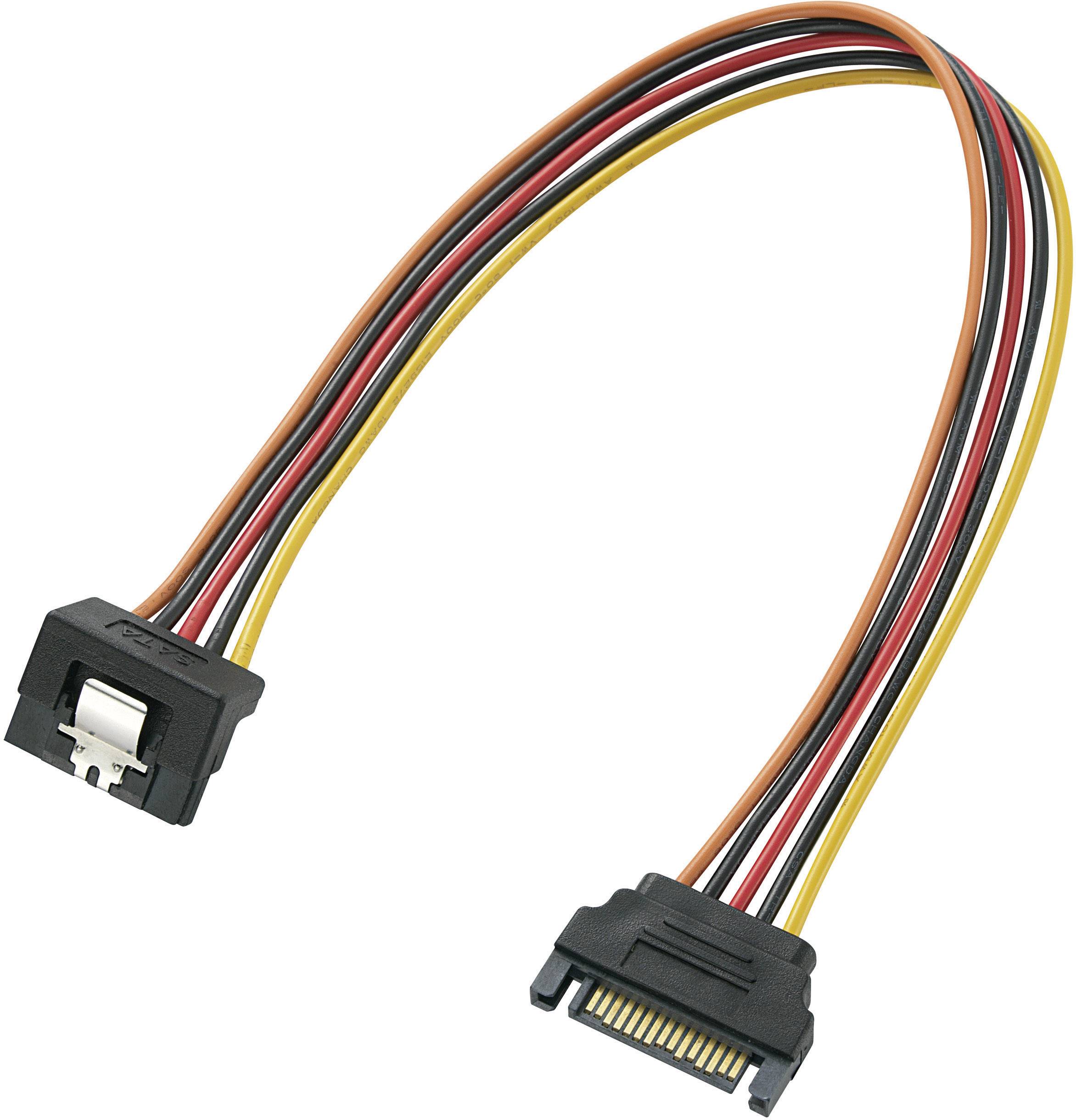 Ein SATA-auf-eSATA-Kabel mit schwarzen Steckverbindern und rot, gelb, schwarz ummantelten Drähten, dient zur Datenübertragung.