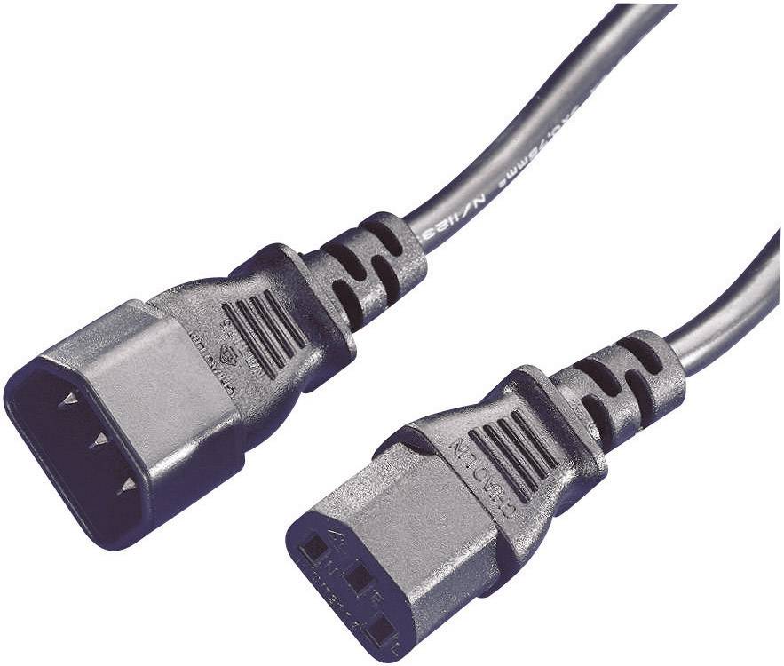 Zwei schwarze Steckverbindungskabel: links männlicher C13-Stecker, rechts weiblicher C14-Stecker, für Computer-Netzkabel.