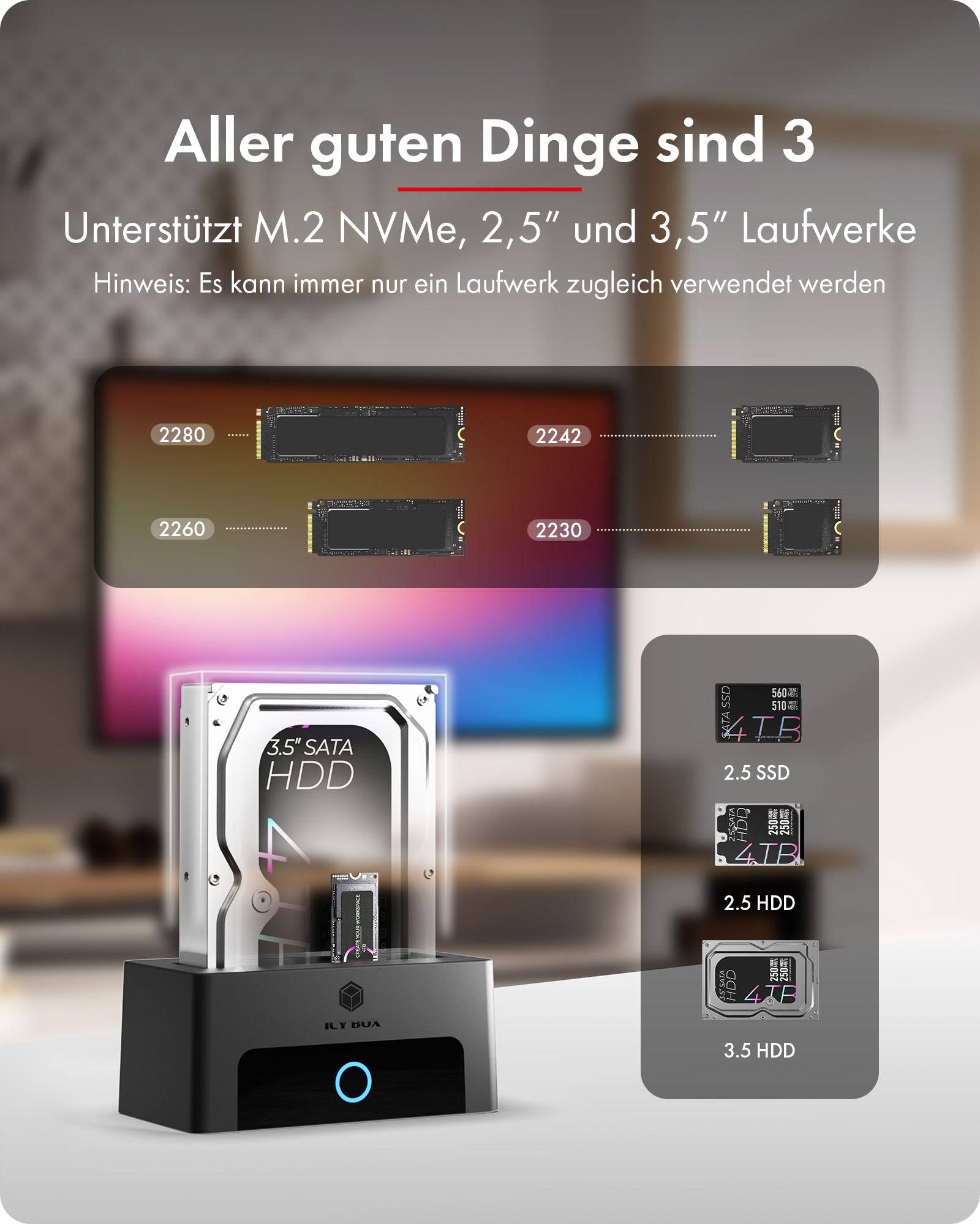 Dockingstation IcyBox für M.2 NVMe 2,5"/3,5" HDD/SSD