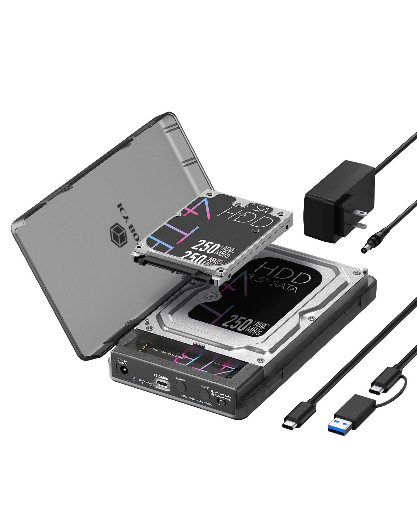 ICY BOX Spade Clone 3882, HDD / SSD-Gehäuse, M.2/2.5"/3.5", SATA, M.2, 10 Gbit/s, USB Anschluss, Schwarz