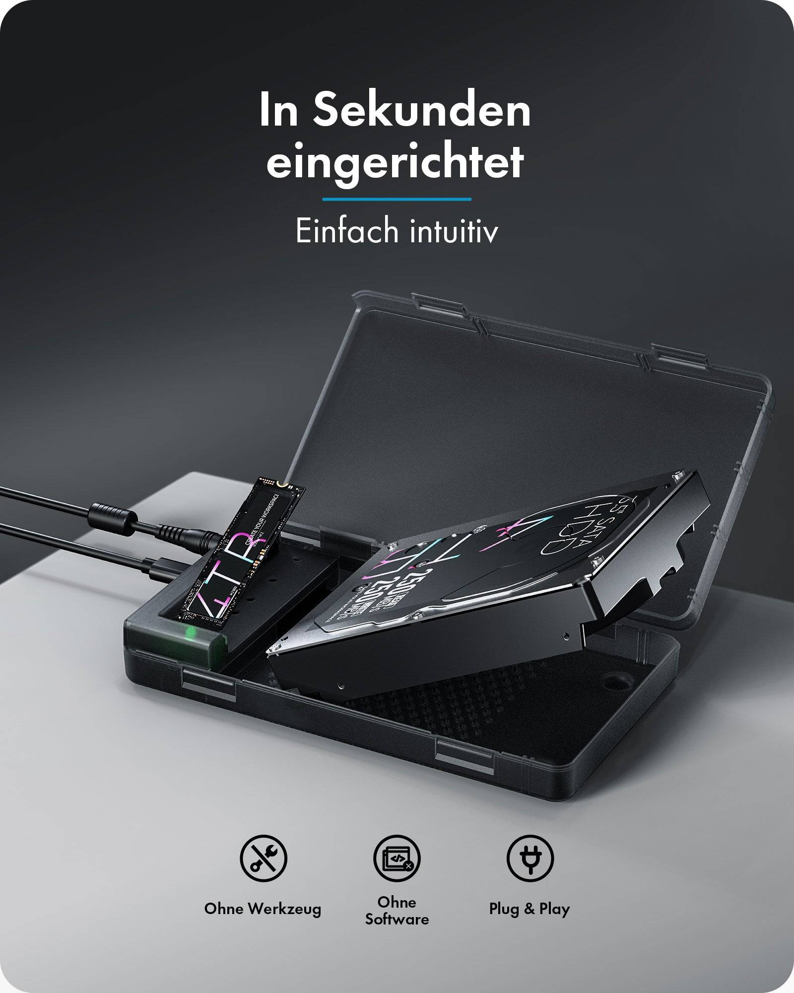 ICY BOX Spade Clone 3882, HDD / SSD-Gehäuse, M.2/2.5"/3.5", SATA, M.2, 10 Gbit/s, USB Anschluss, Schwarz