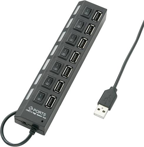 7 Port USB 2.0-Hub einzeln schaltbar, mit Status-LEDs Schwarz