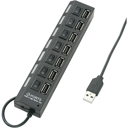 Hub USB 2.0 Renkforce 7 ports commutable individuellement, avec LEDs de statut noir