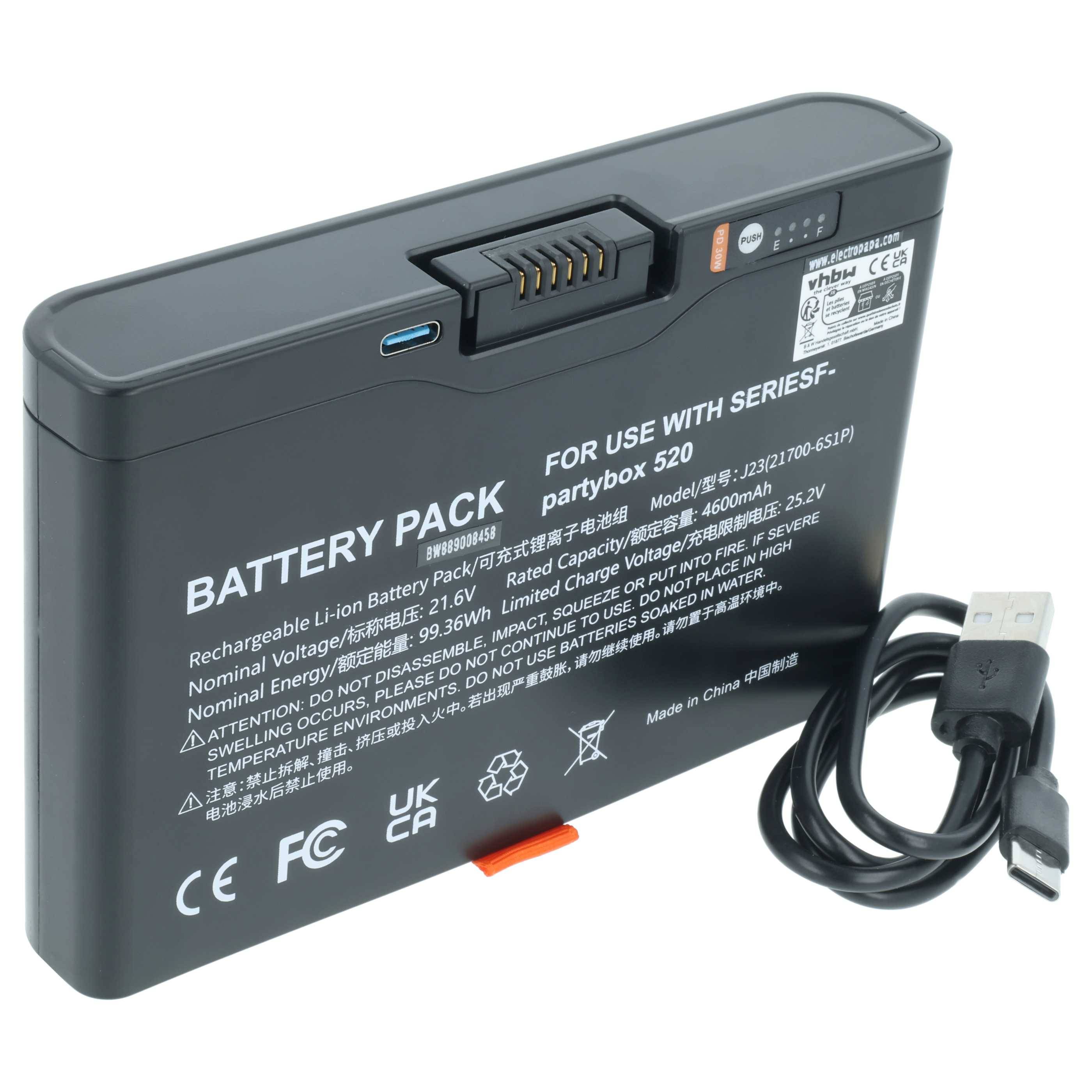vhbw Akku kompatibel mit JBL PartyBox 720, 520 Lautsprecher Boxen Speaker (4600 mAh, 21,6 V, Li-Ion)