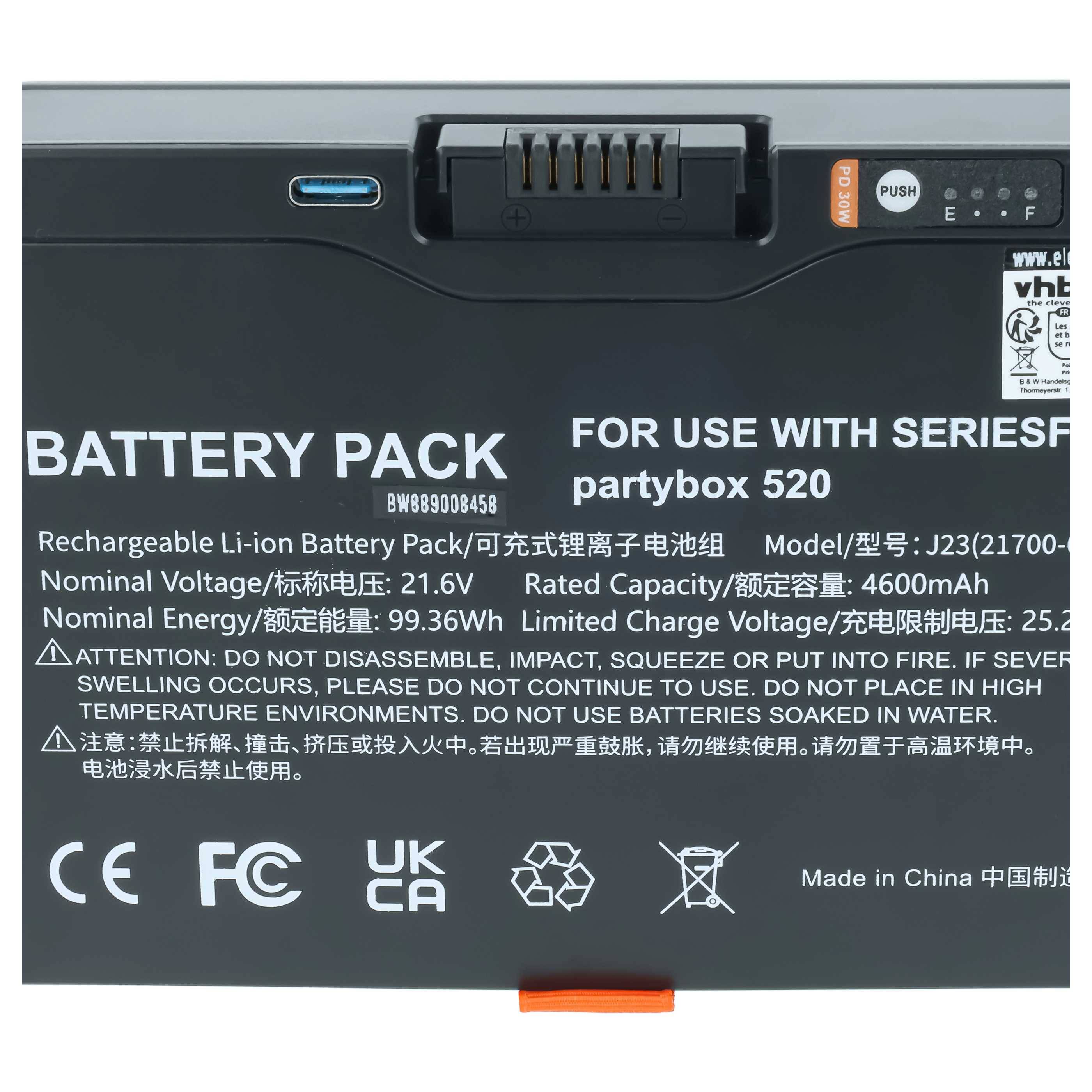 vhbw Akku kompatibel mit JBL PartyBox 720, 520 Lautsprecher Boxen Speaker (4600 mAh, 21,6 V, Li-Ion)