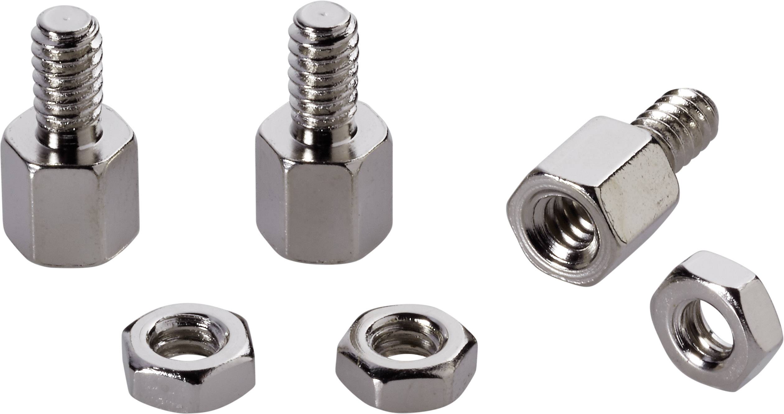 Mehrere Schrauben und Muttern aus Metall in verschiedenen Positionen angeordnet.