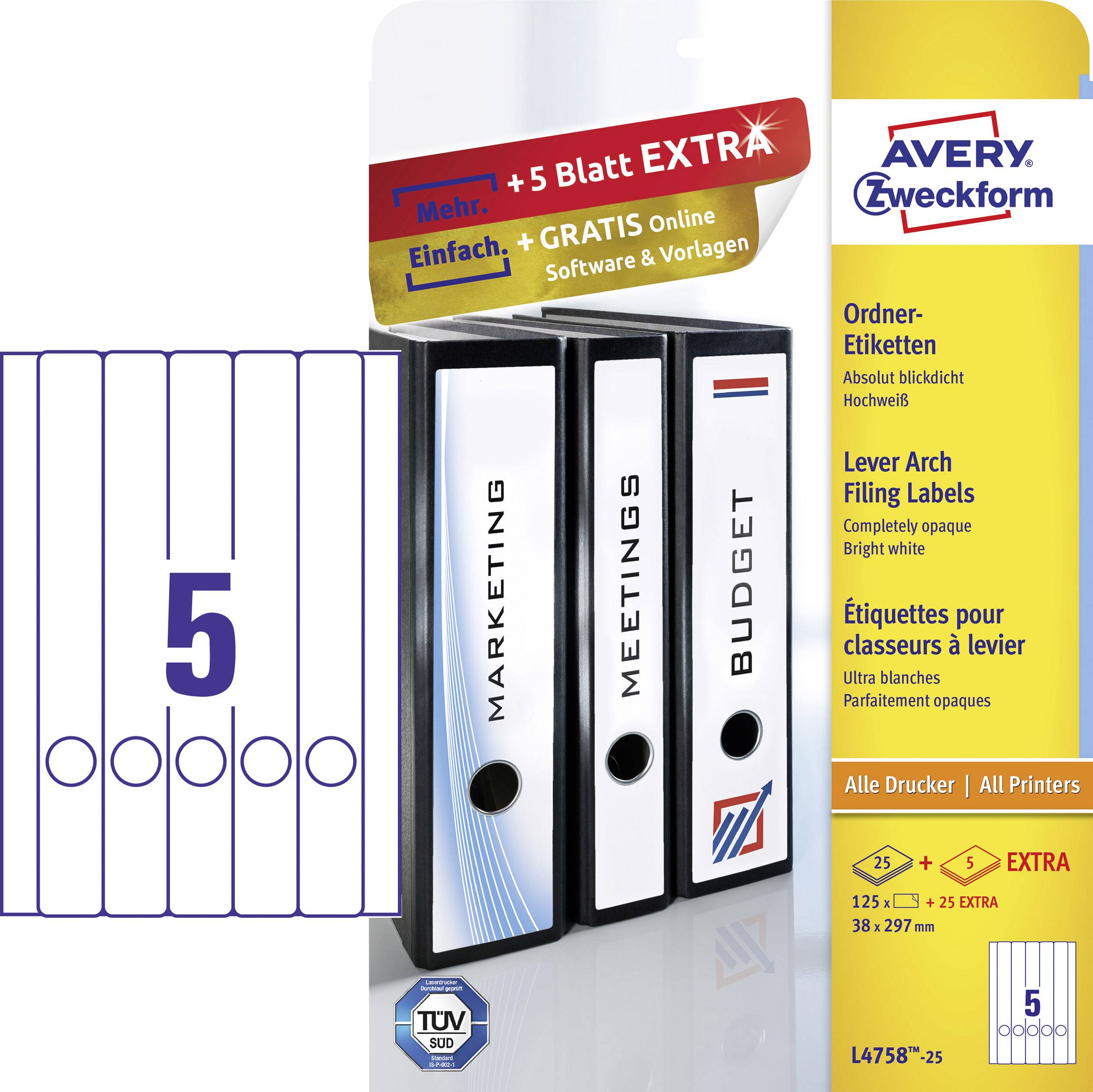 Avery-Zweckform L4758-25 Etiketten 38 x 297 mm Papier Weiß 150 St. Permanent haftend Ordner-Etiketten 30 Blatt DIN A4