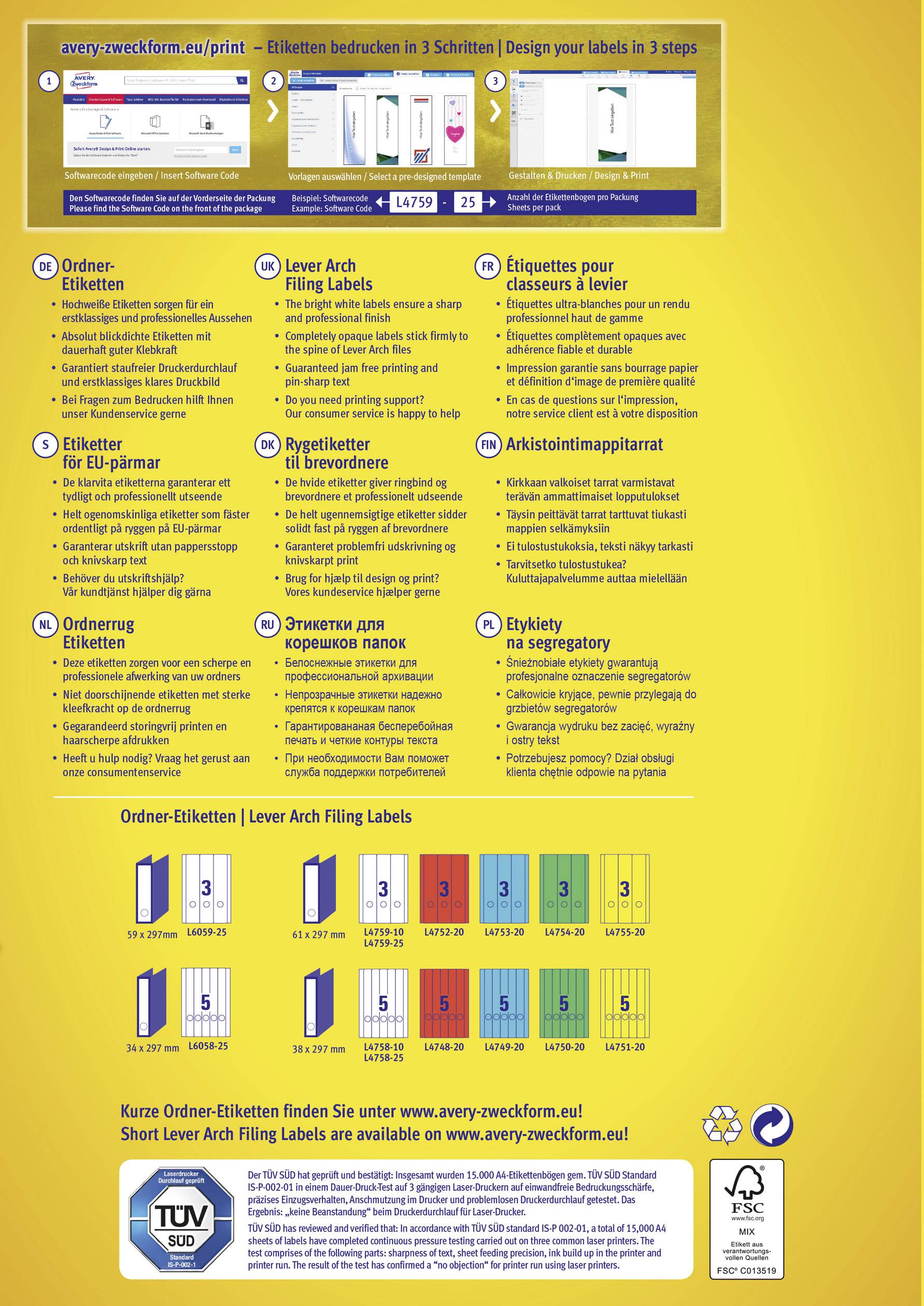 Avery-Zweckform L4758-25 Etiketten 38 x 297 mm Papier Weiß 150 St. Permanent haftend Ordner-Etiketten 30 Blatt DIN A4