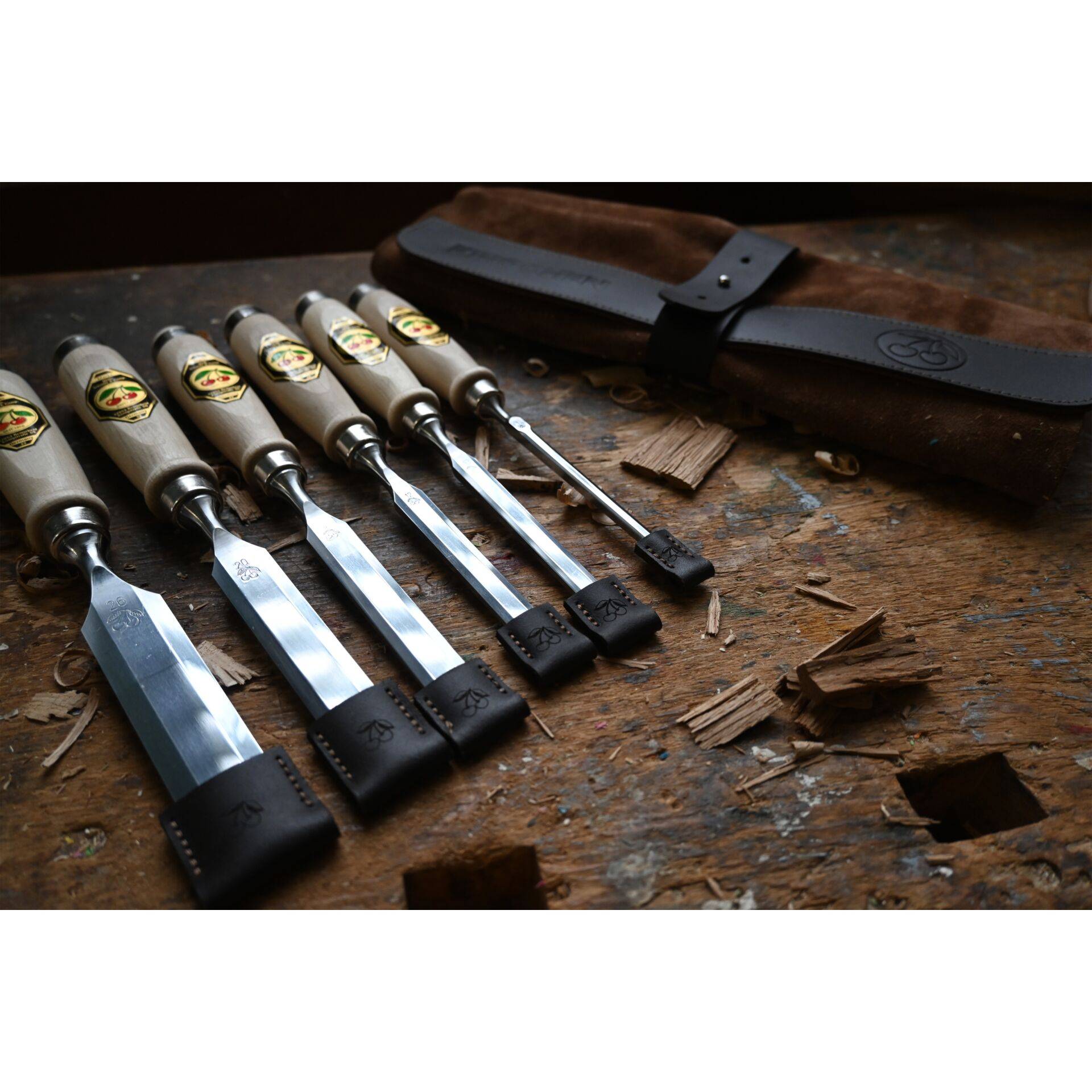 Stechbeitelsatz 6,10,12,16,20,26mm Weißbuchenh.6-tlg.Ledertasche KIRSCHEN