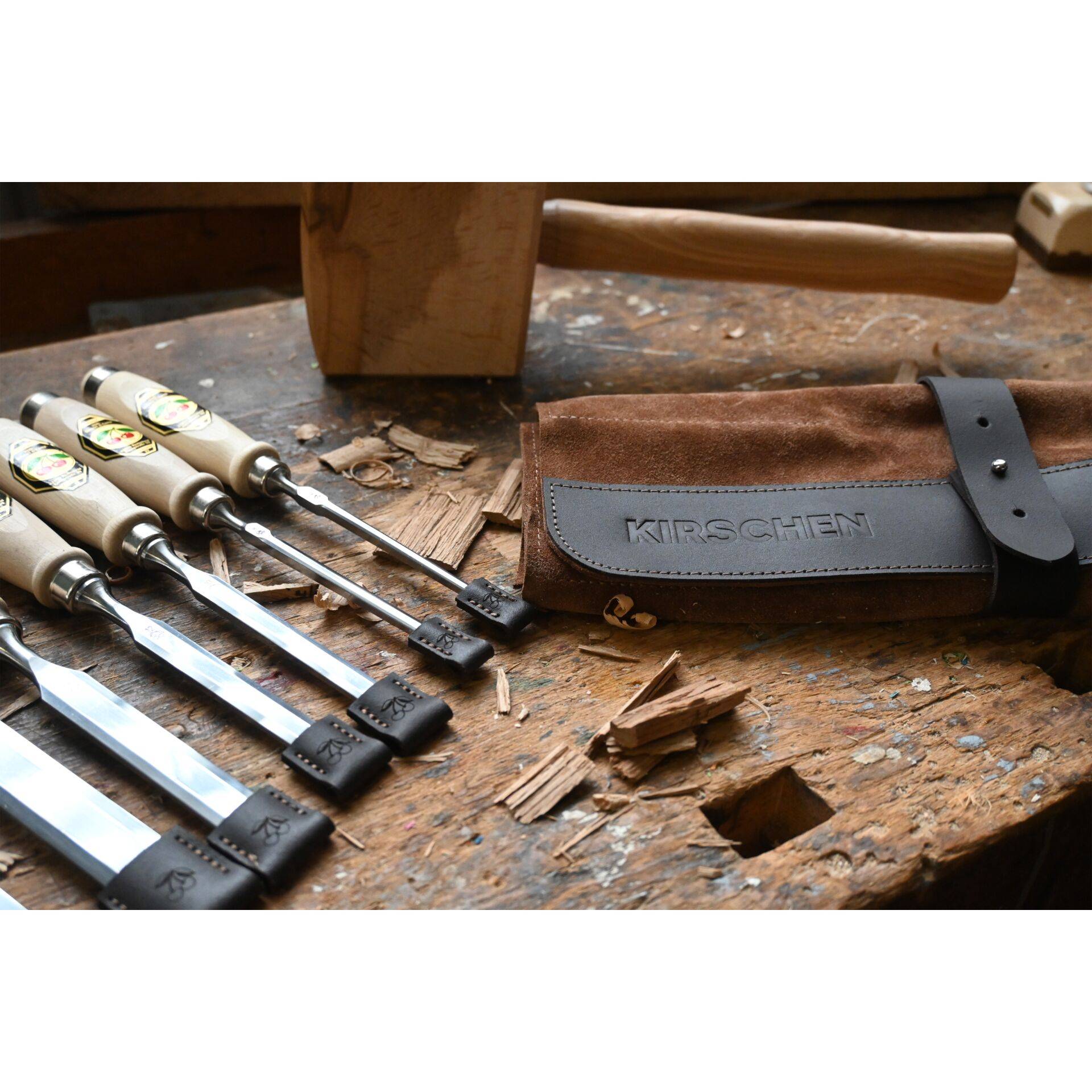 Stechbeitelsatz 6,10,12,16,20,26mm Weißbuchenh.6-tlg.Ledertasche KIRSCHEN