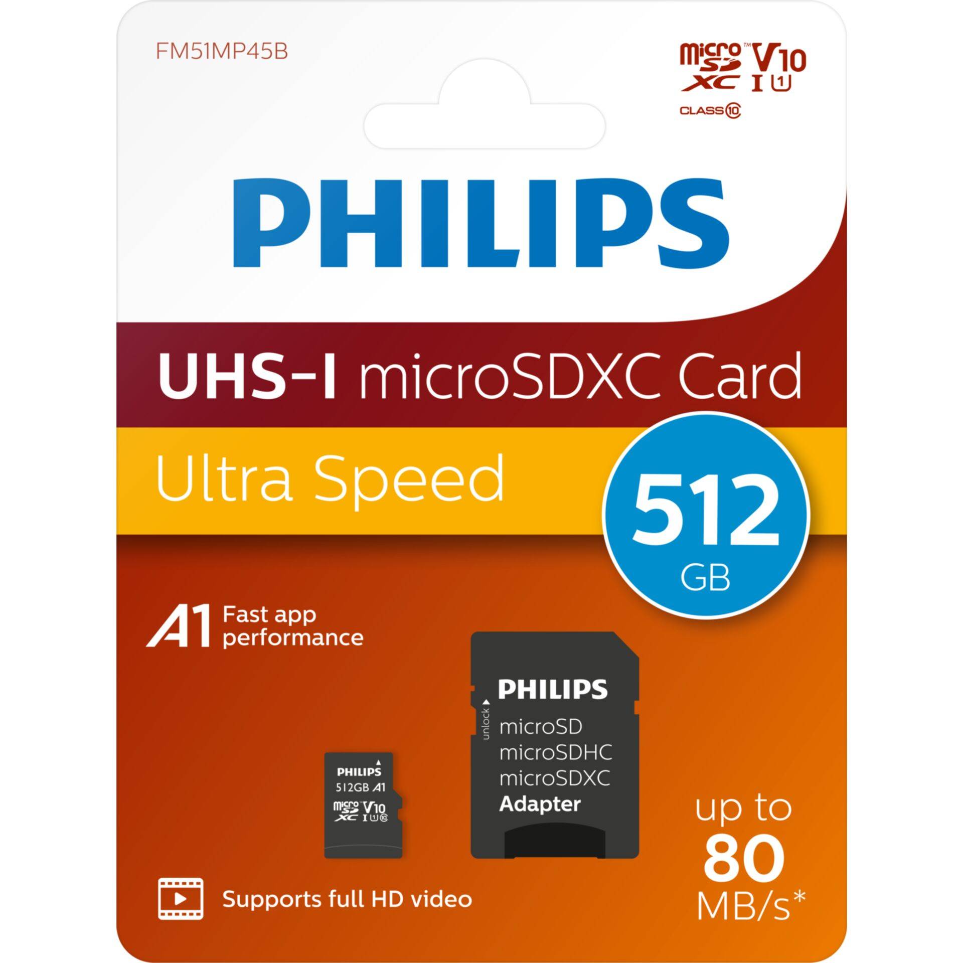 Philips FM51MP45B/00, 512 GB, MicroSDHC, Klasse 10, UHS-I, 80 MB/s, 30 MB/s