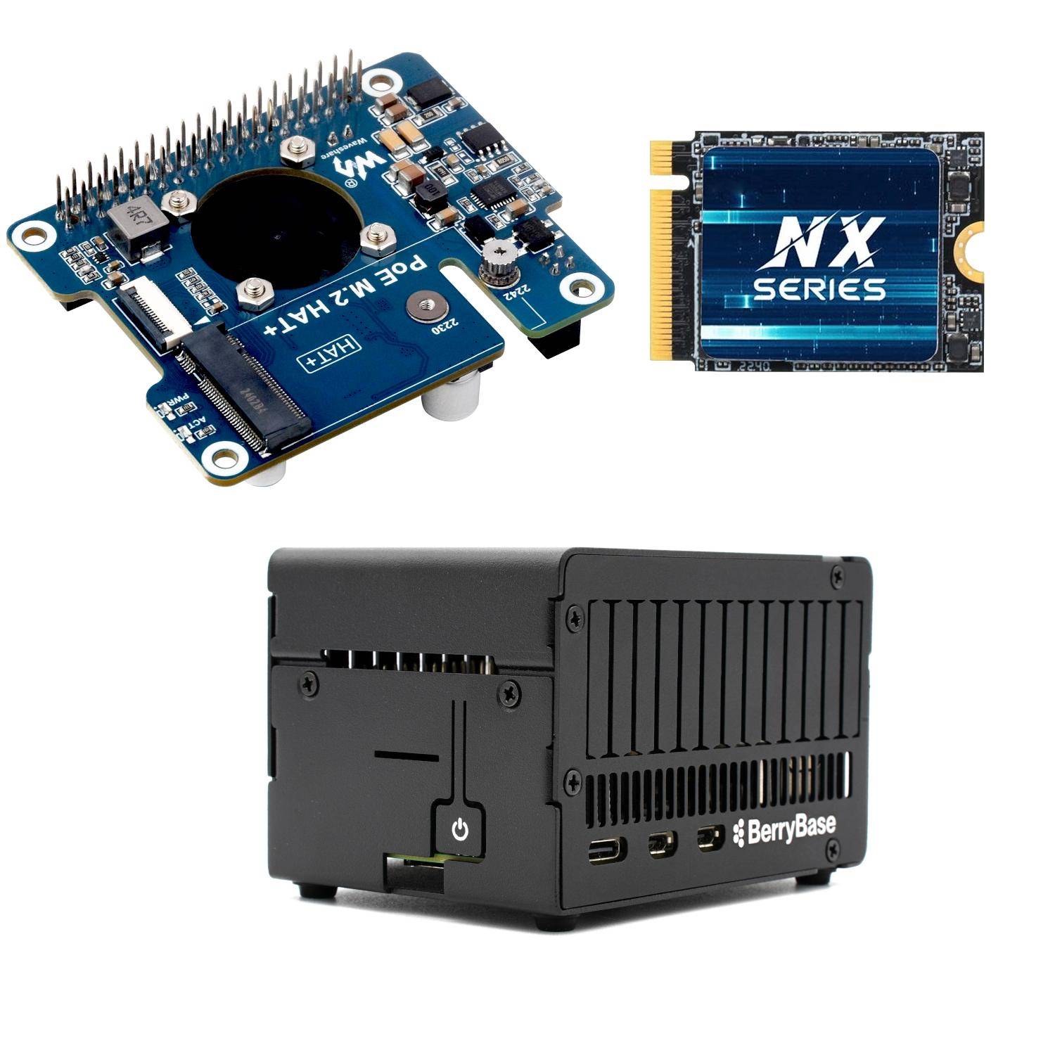 BerryBase NVMe-PoE-Bundle für Raspberry Pi 5, 2230, PCIE 3.0 SSD, 256GB, M.2 HAT+, Aluminiumgehäuse