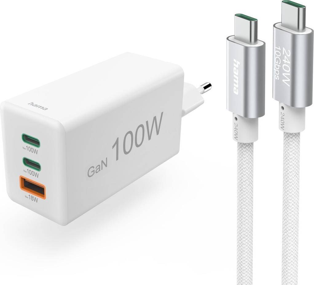hama 00200027 Schnellladegerät mit Ladekabel USB-C, für Laptop, PD, 100 W, 1,5 m, Weiß