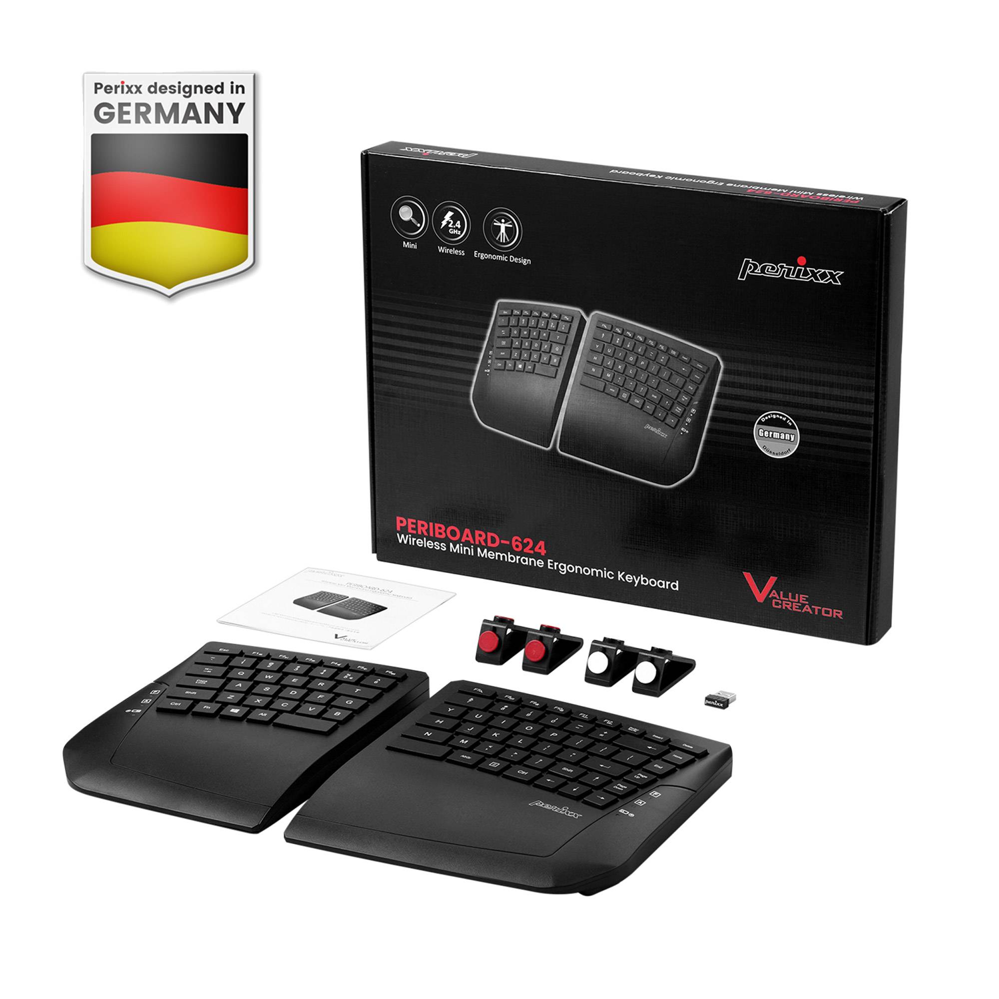 Perixx PERIBOARD-624 B DE - Kabellose ergonomische Split-Tastatur Eingabe / Ausgabe Mäuse &