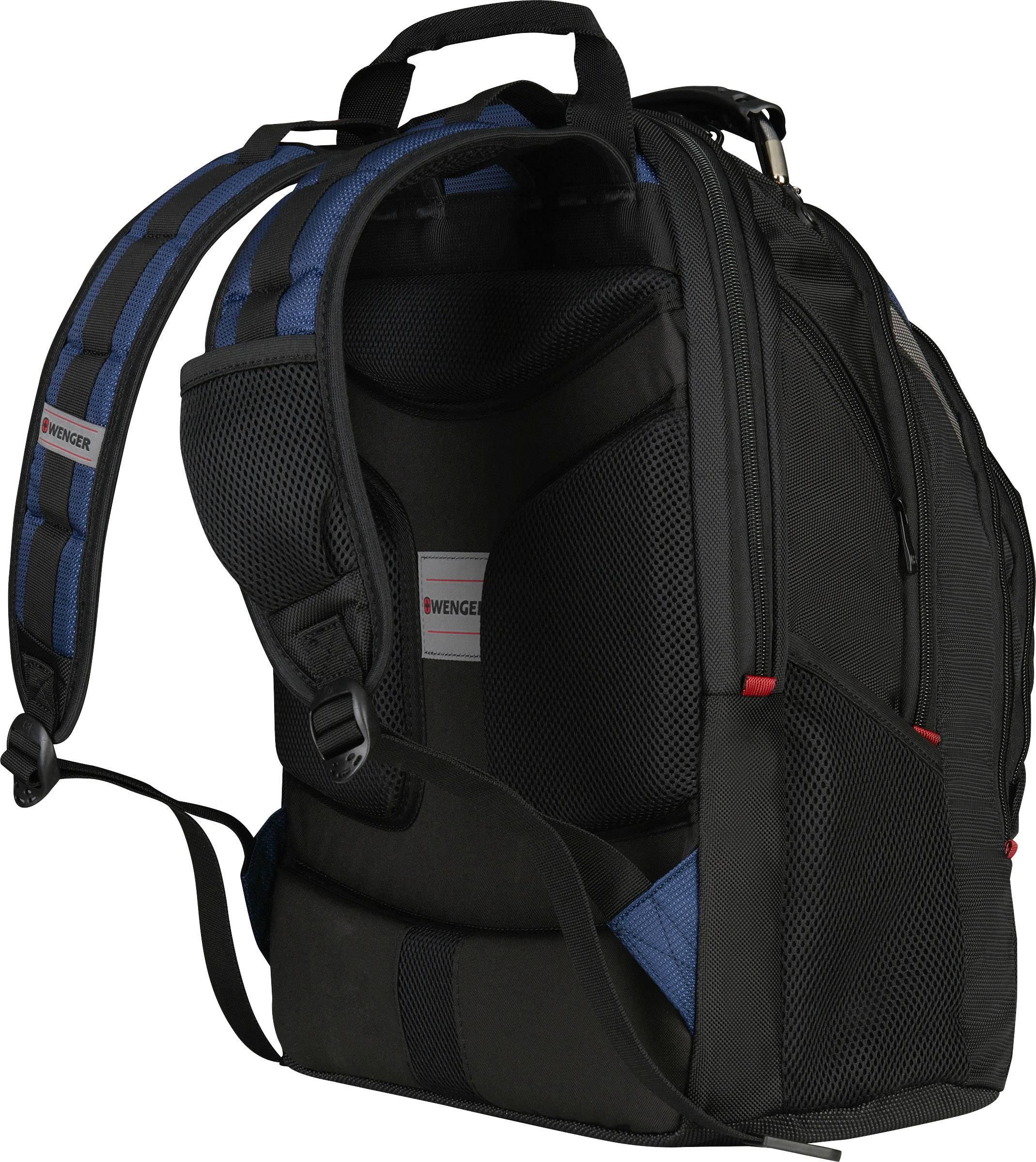 Schwarzer Rucksack mit blauen Akzenten und gepolsterten Trägern, ideal für komfortables Tragen.