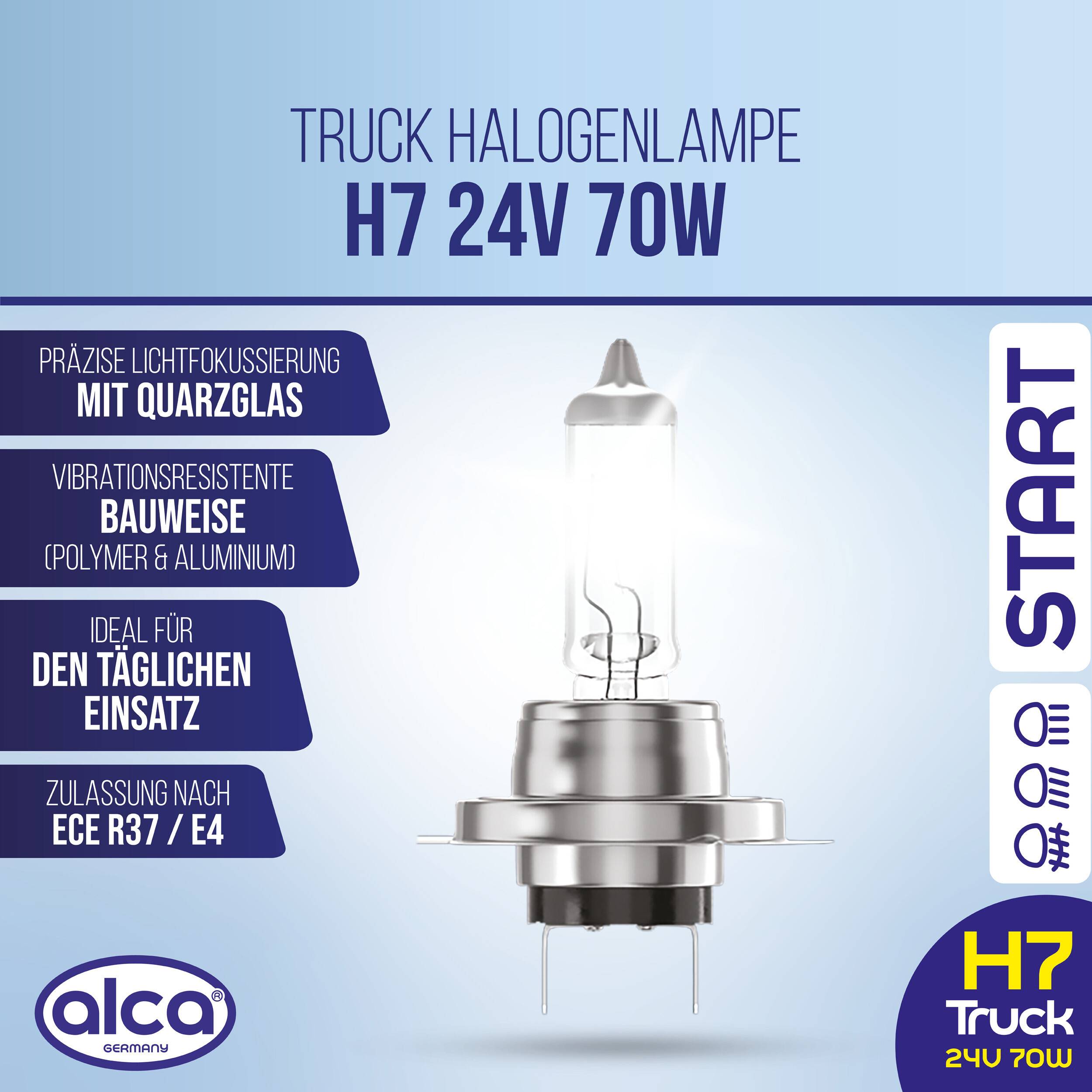 alca® H7 Halogenlampe für LKW Scheinwerfer mit 1600 lm sowie 24 V 70 W Robustes UV Quarzglas, Vibrationsresistente