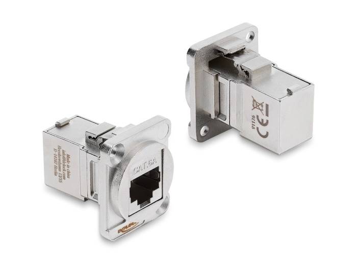 Delock D-Typ Modul RJ45 Buchse zu Buchse, 90° gewinkelt, Cat.6A, silber