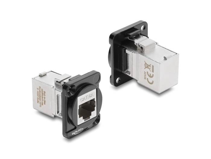 Delock D-Typ Modul RJ45 Buchse zu Buchse 90° gewinkelt Cat.6A, schwarz/silber