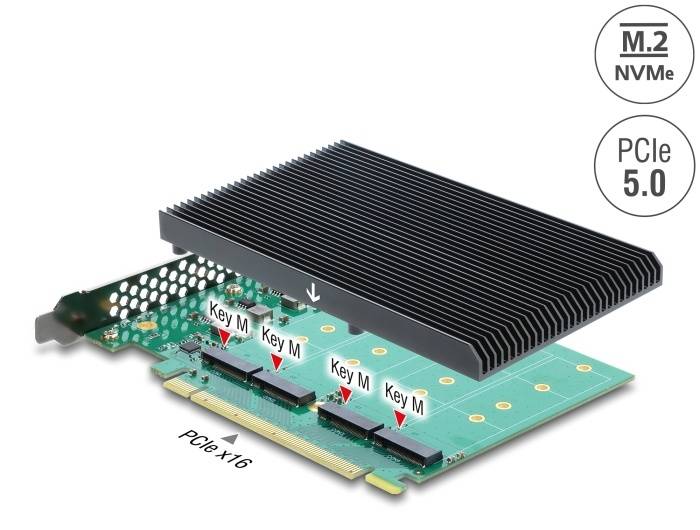 Delock PCI Express 5.0 x16 Karte zu 4 x intern NVMe M.2 Key M mit Kühlkörper