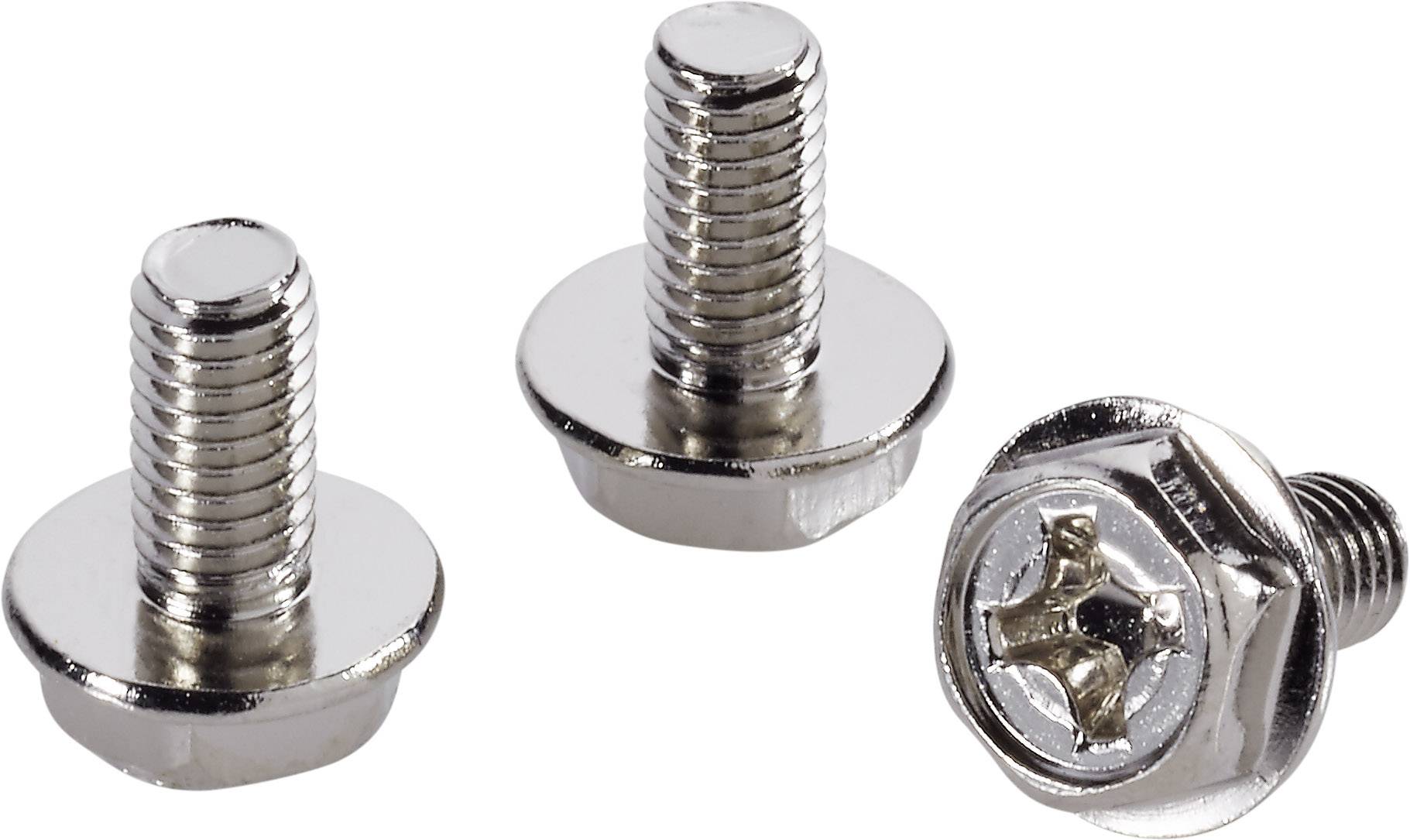 Drei silberne Metallschrauben auf weißem Hintergrund; zwei stehen aufrecht, eine liegt flach mit einem Kreuzschlitzkopf.