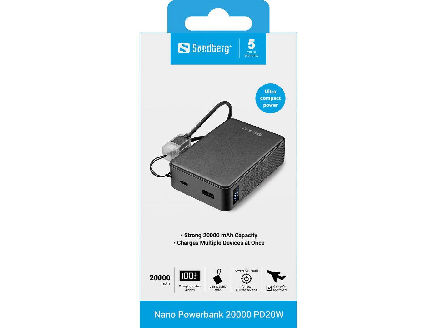 Sandberg Nano - Powerbank - 20000 mAh - 74 Wh - 20 Watt - 3 A - PD - 2 Ausgabeanschlussstellen (USB-C, USB)