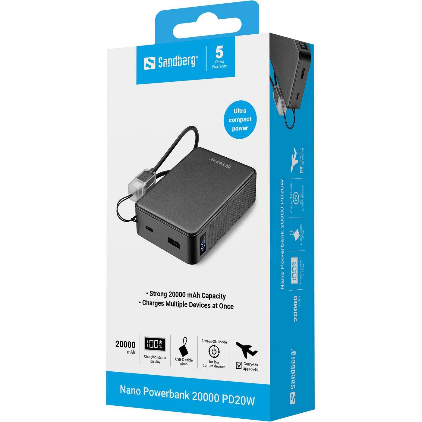 Sandberg Nano - Powerbank - 20000 mAh - 74 Wh - 20 Watt - 3 A - PD - 2 Ausgabeanschlussstellen (USB-C, USB)