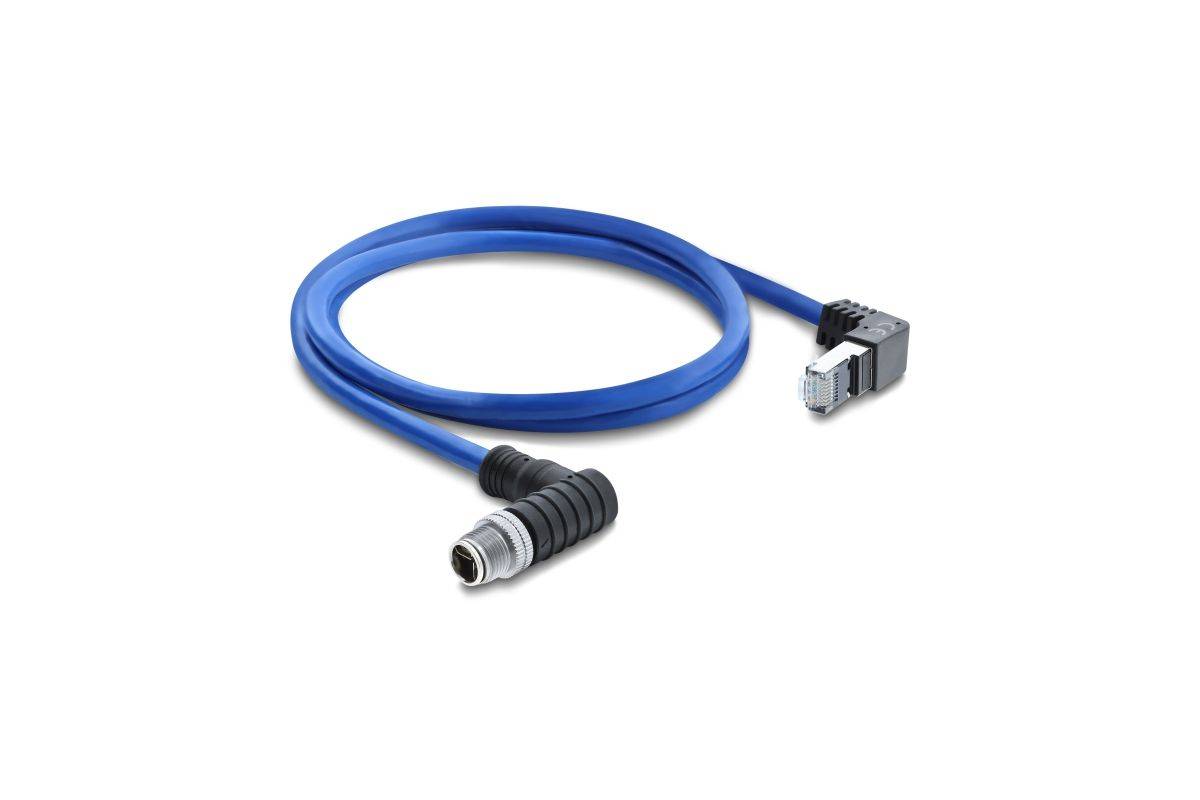 81011 - Delock M12 Kabel X-kodiert 8 Pin Stecker nach unten gewinkelt zu RJ45 Stecker, S/FTP geschirmt, 1 m, blau