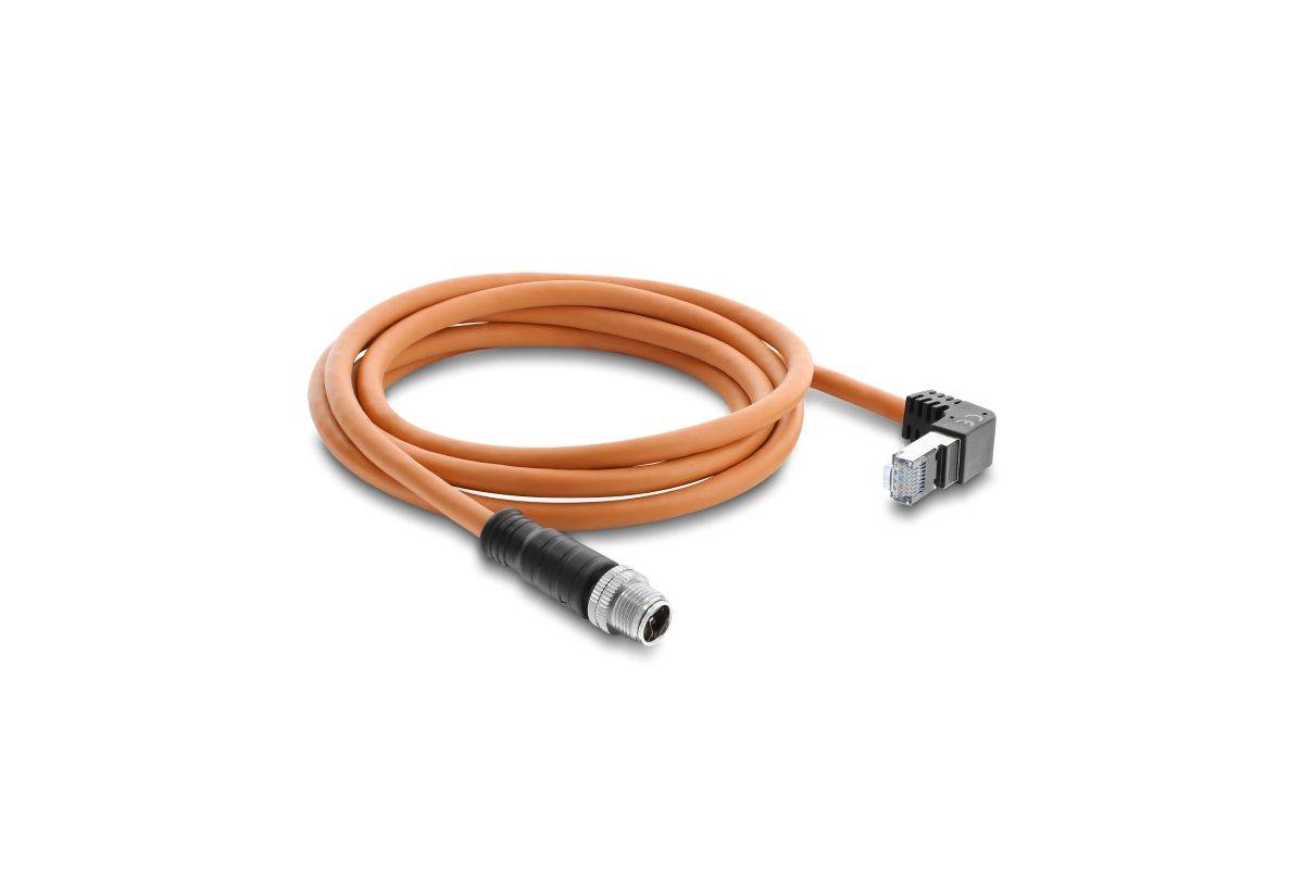 81000 - Delock M12 Kabel X-kodiert 8 Pin Stecker gerade zu RJ45 Stecker, nach oben gewinkelt, S/FTP, 2 m, orange