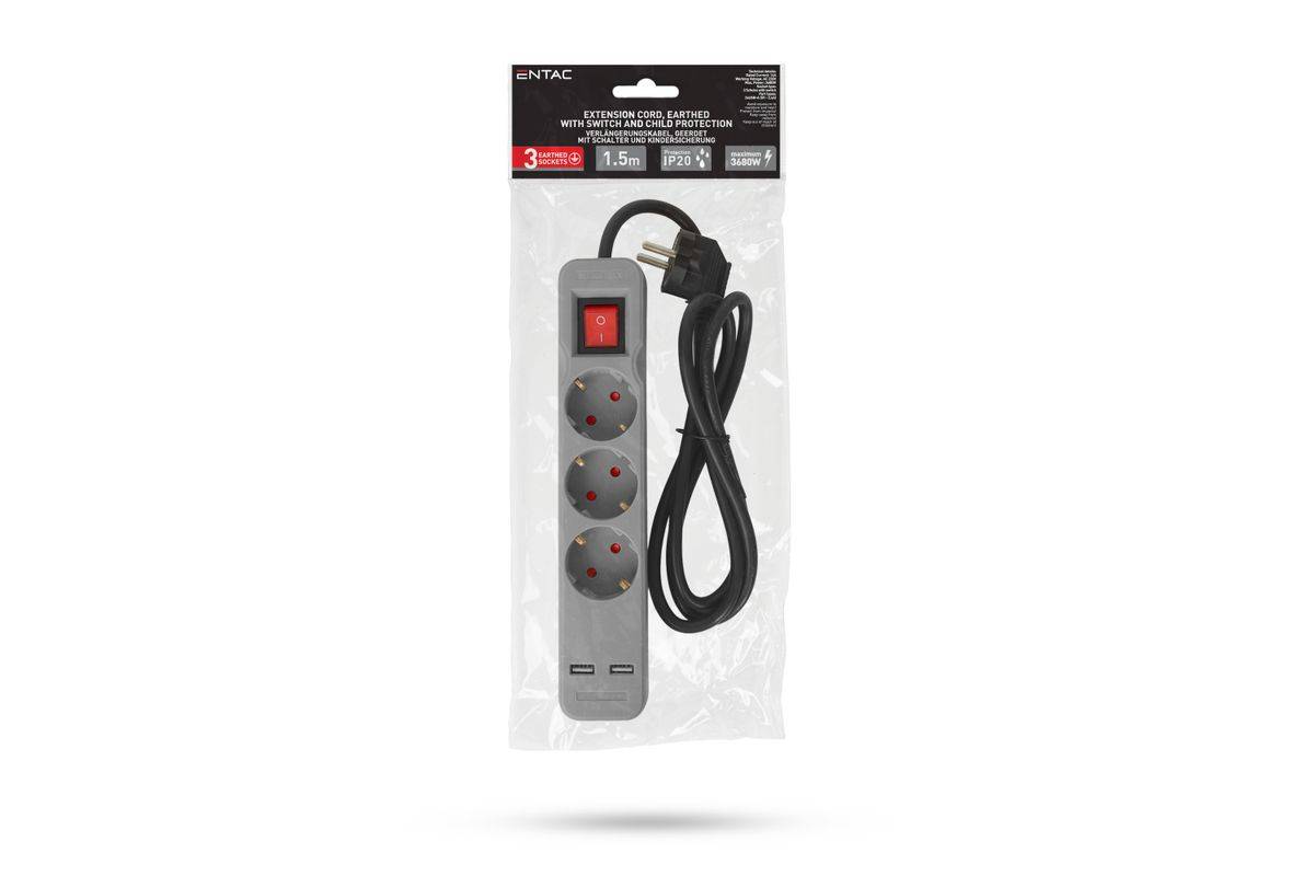 Entac Steckdosenleiste 3fach 2x USB-A, 1,5m grau Multimedia-Technik Steckdosenleisten