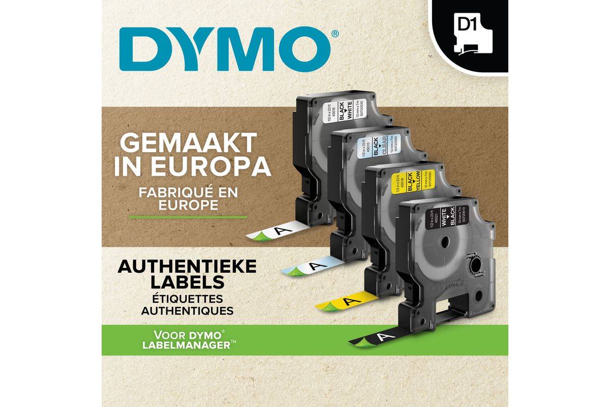 DYMO Original D1-Etikettenband | schwarz auf weiß | 12 mm x 7 m | selbstklebendes Schriftband | für LabelManager-Beschriftungsgerät | 20 Etikette