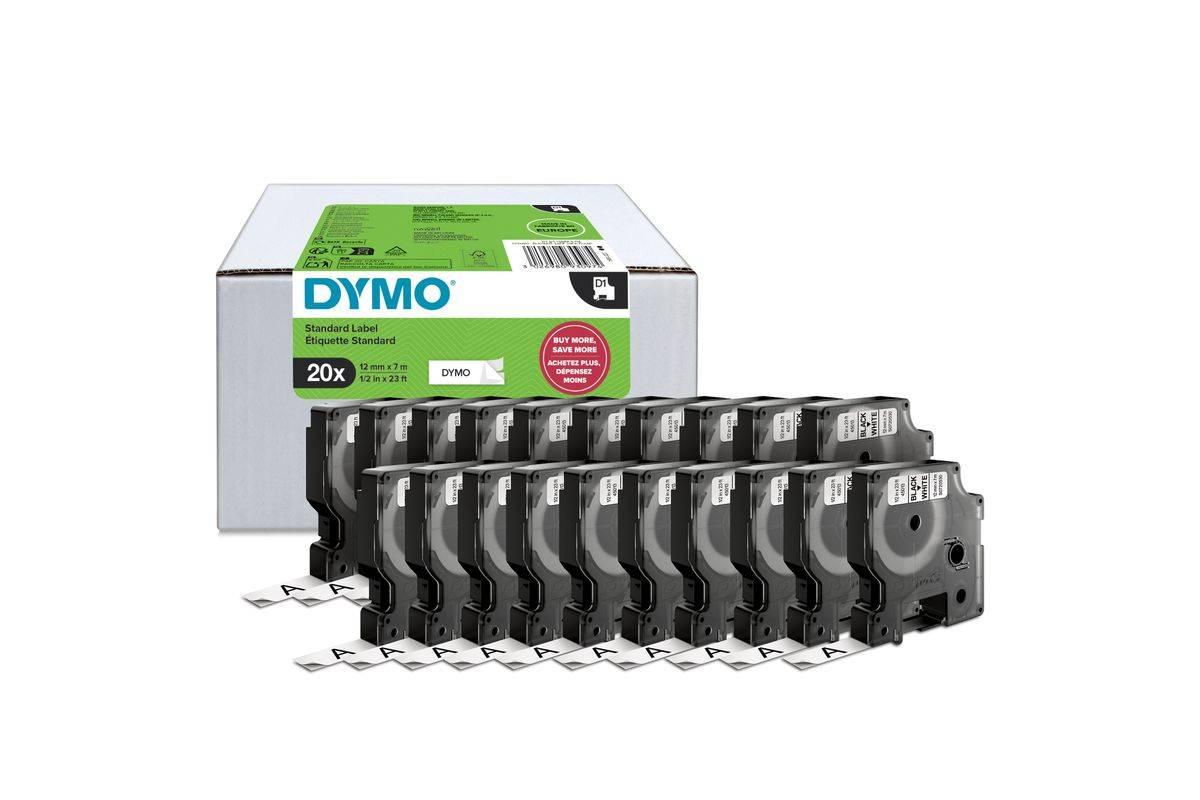 DYMO Original D1-Etikettenband | schwarz auf weiß | 12 mm x 7 m | selbstklebendes Schriftband | für LabelManager-Beschriftungsgerät | 20 Etikette
