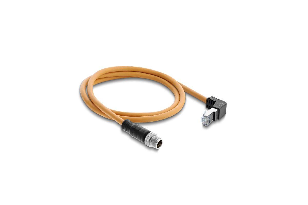 DeLOCK M12 Kabel X-kodiert 8 Pin Stecker gerade zu RJ45 Stecker nach oben gewinkelt S/FTP geschirmt 1 m orange