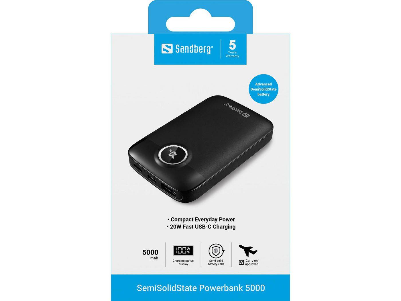 Powerbank - 5000 mAh - 20 watt - 3 A - Fast Charge (USB-C)