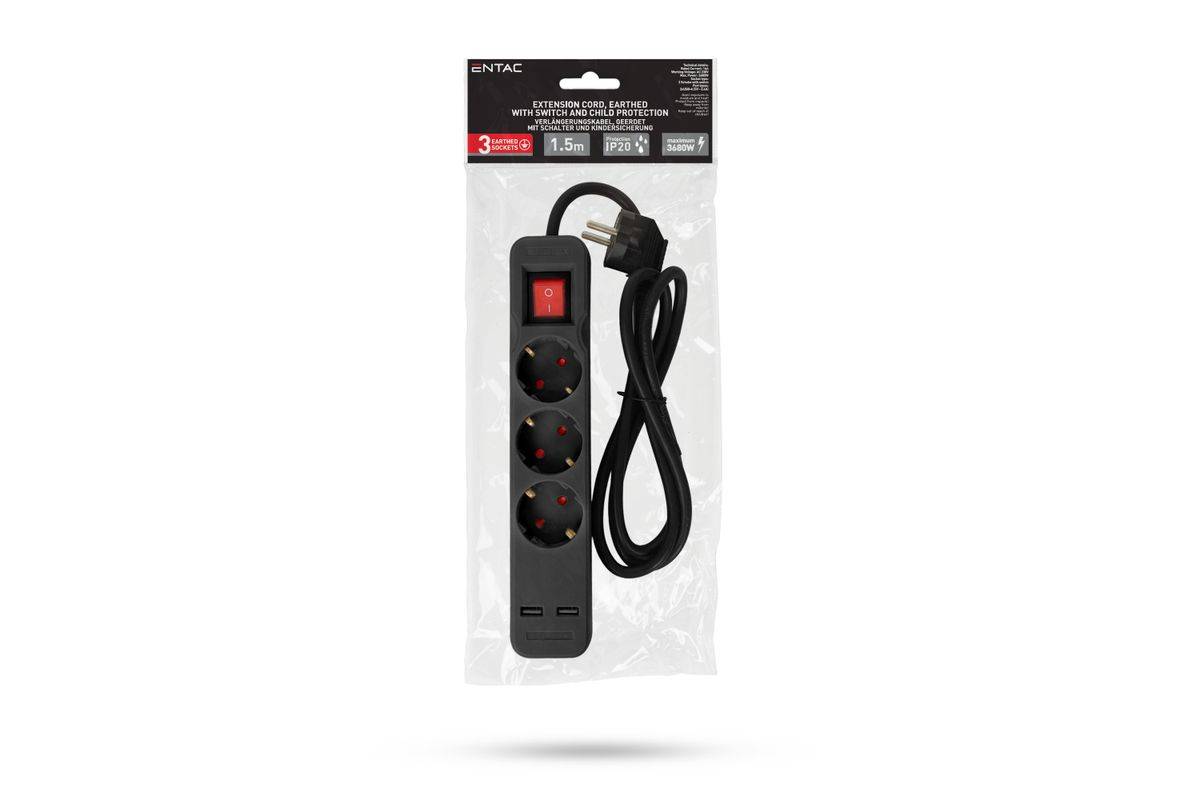 Entac Steckdosenleiste 3fach 2x USB-A, 1,5m schwarz Multimedia-Technik Steckdosenleisten